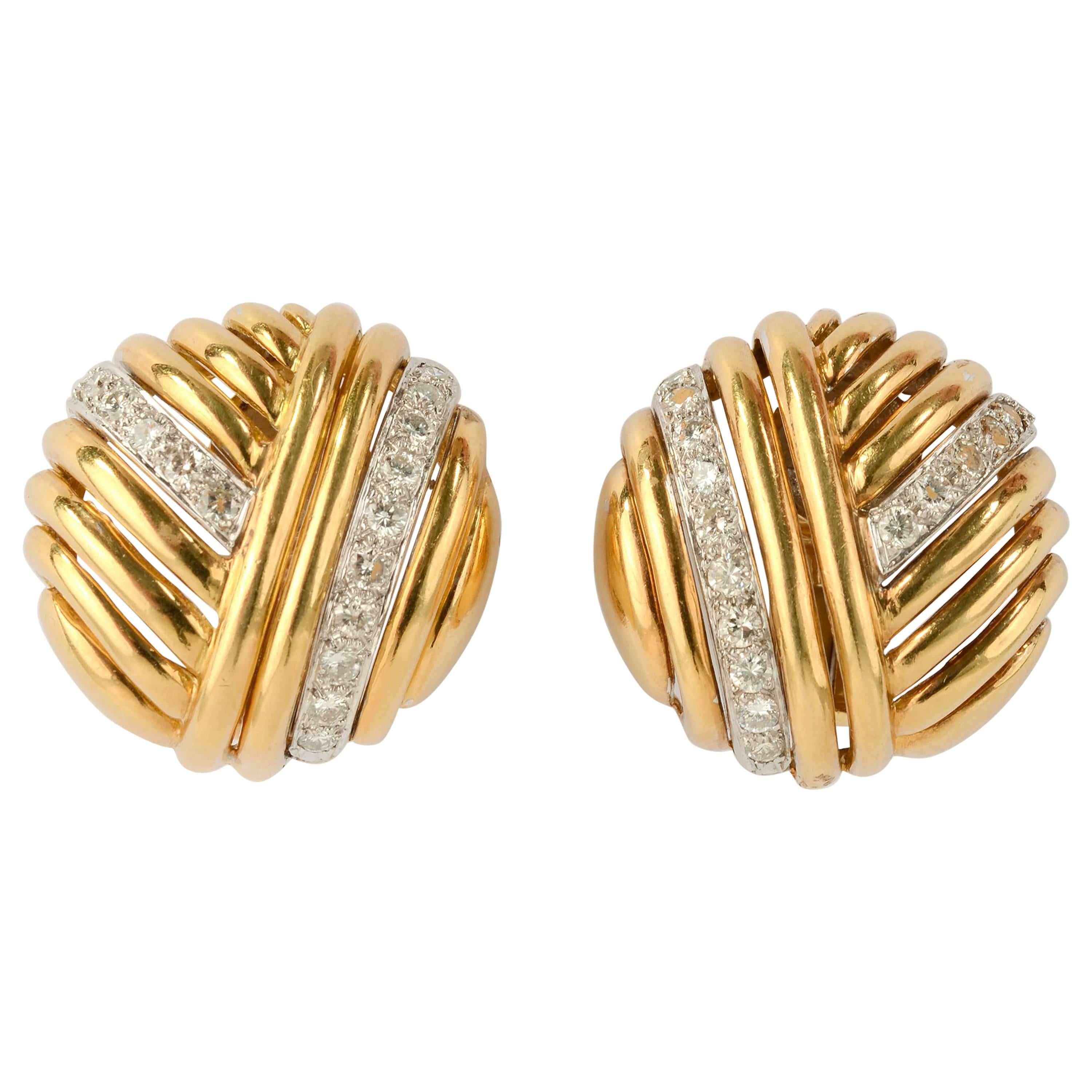 Gold and Diamond Round Ear Clips