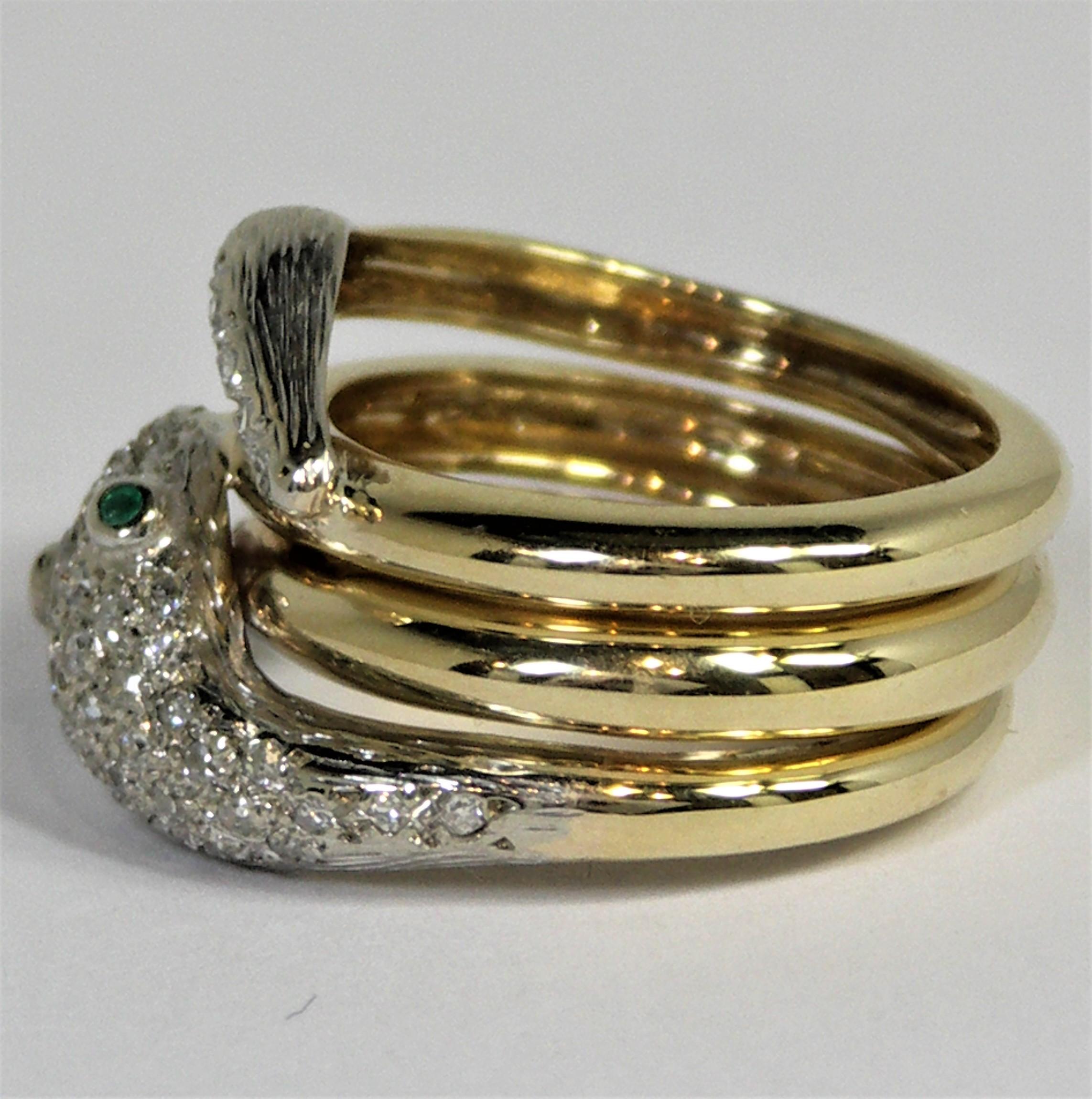 Round Cut Gold and Diamond Snake Ring with Emerald Eyes