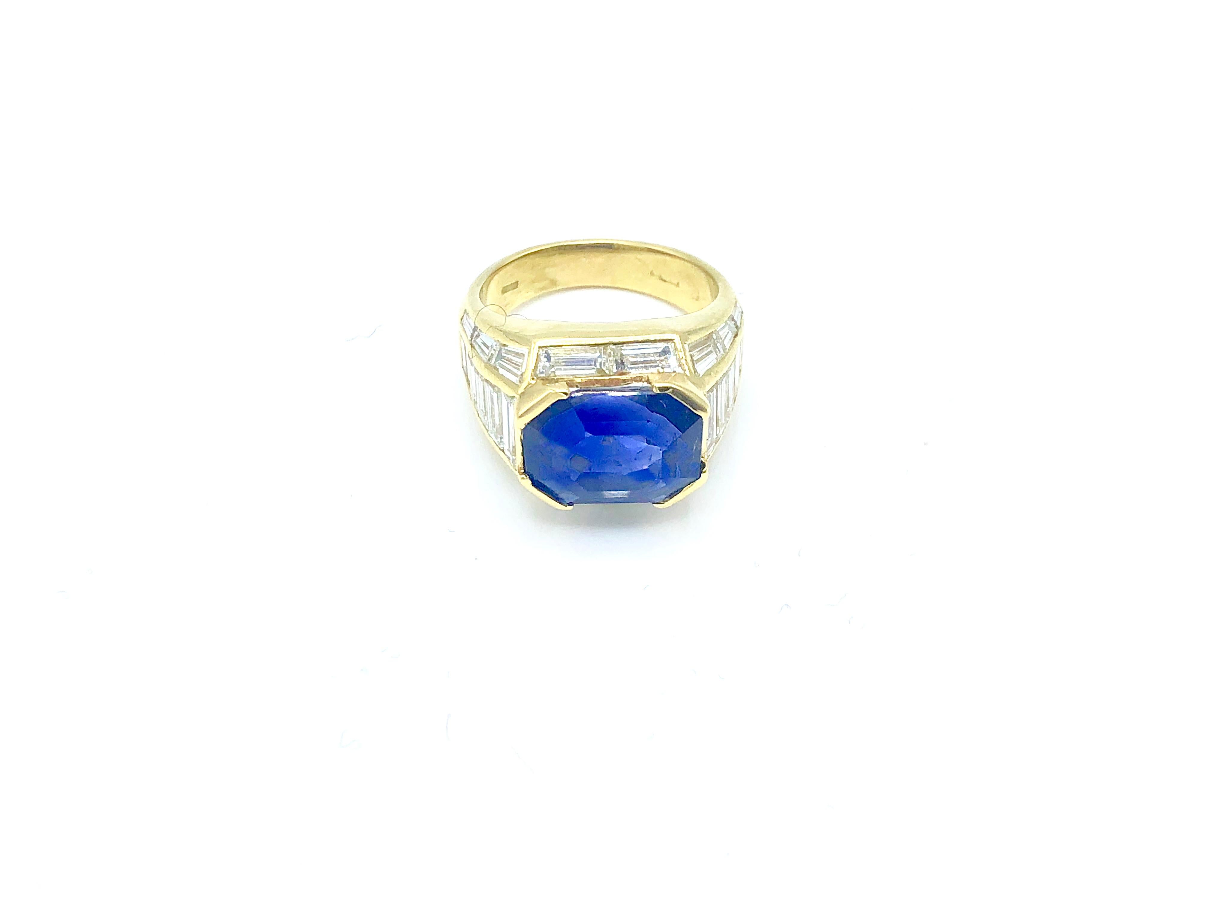 Gold and Diamond Trombino Ring with Emerald Cut Burma Sapphire 7.47 Carat For Sale 1