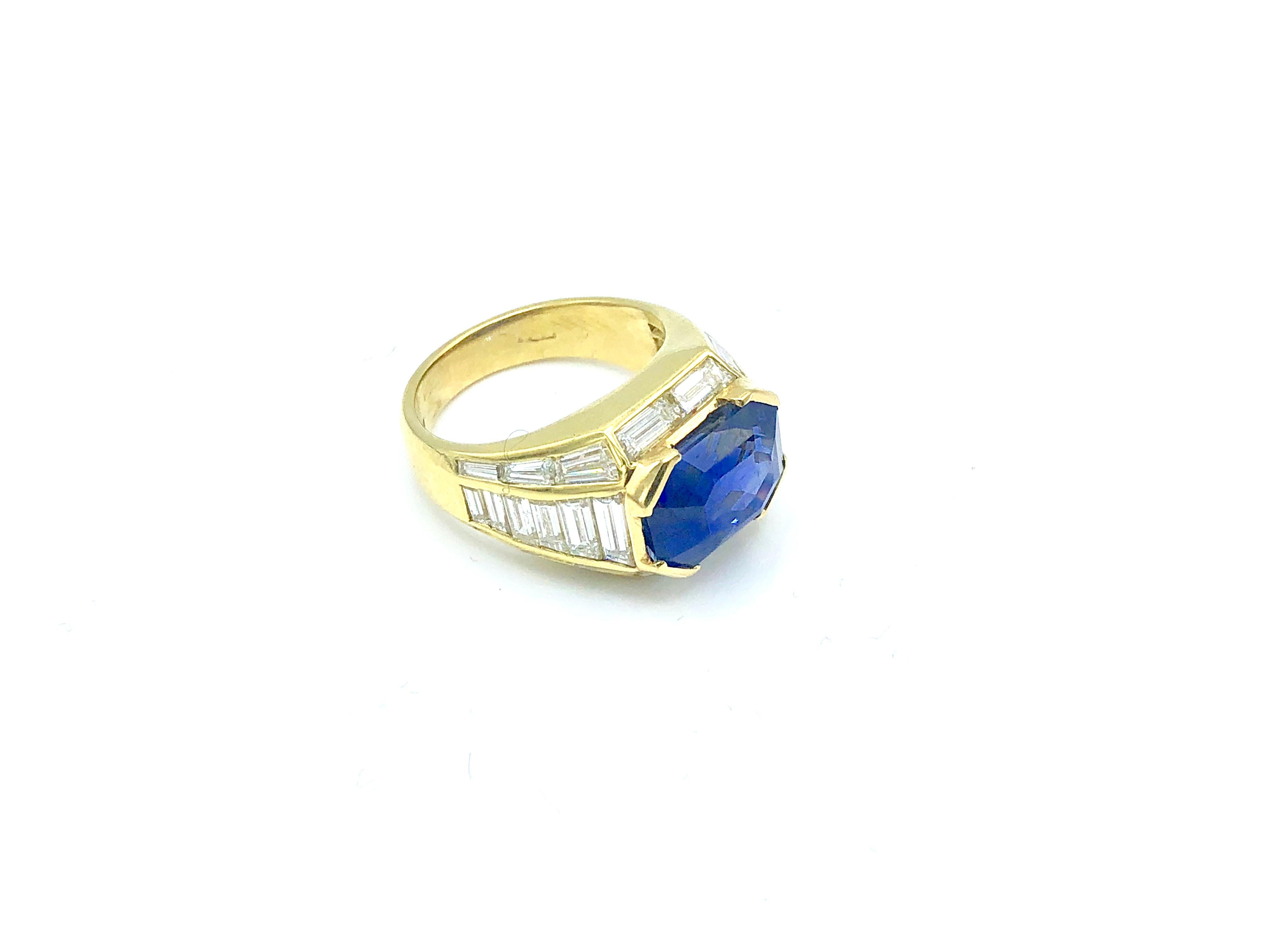 Gold and Diamond Trombino Ring with Emerald Cut Burma Sapphire 7.47 Carat For Sale 2