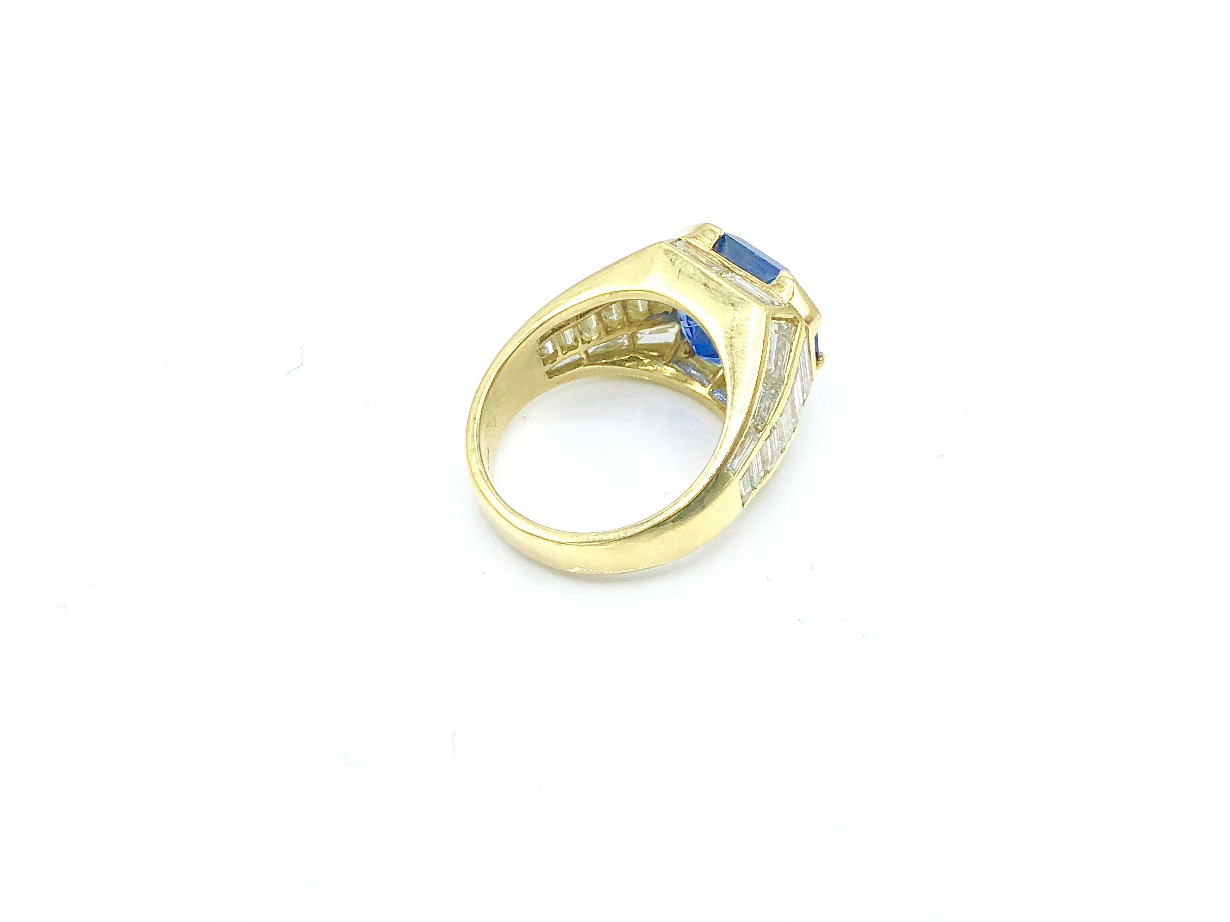 Gold and Diamond Trombino Ring with Emerald Cut Burma Sapphire 7.47 Carat For Sale 3