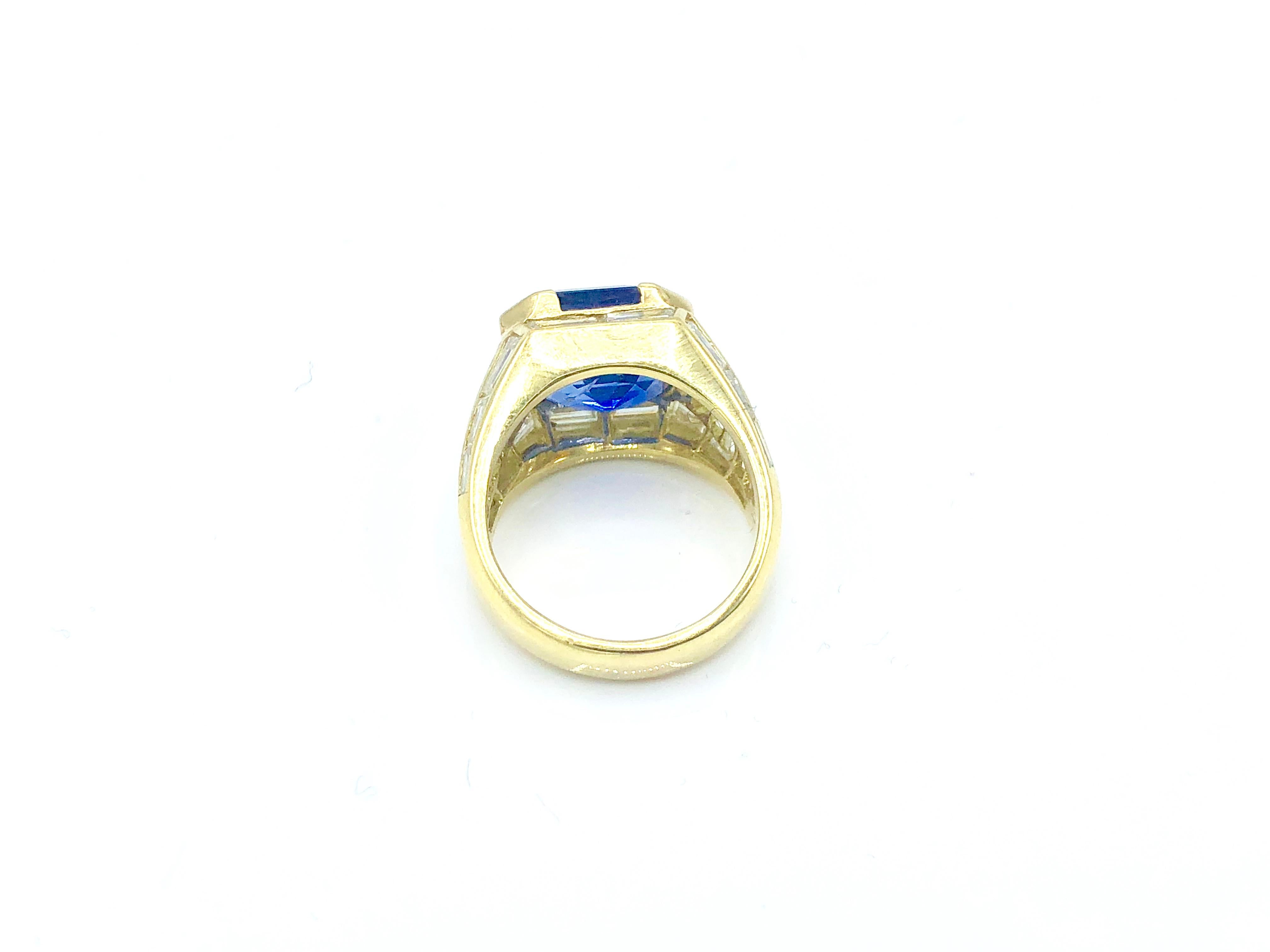 Gold and Diamond Trombino Ring with Emerald Cut Burma Sapphire 7.47 Carat For Sale 4