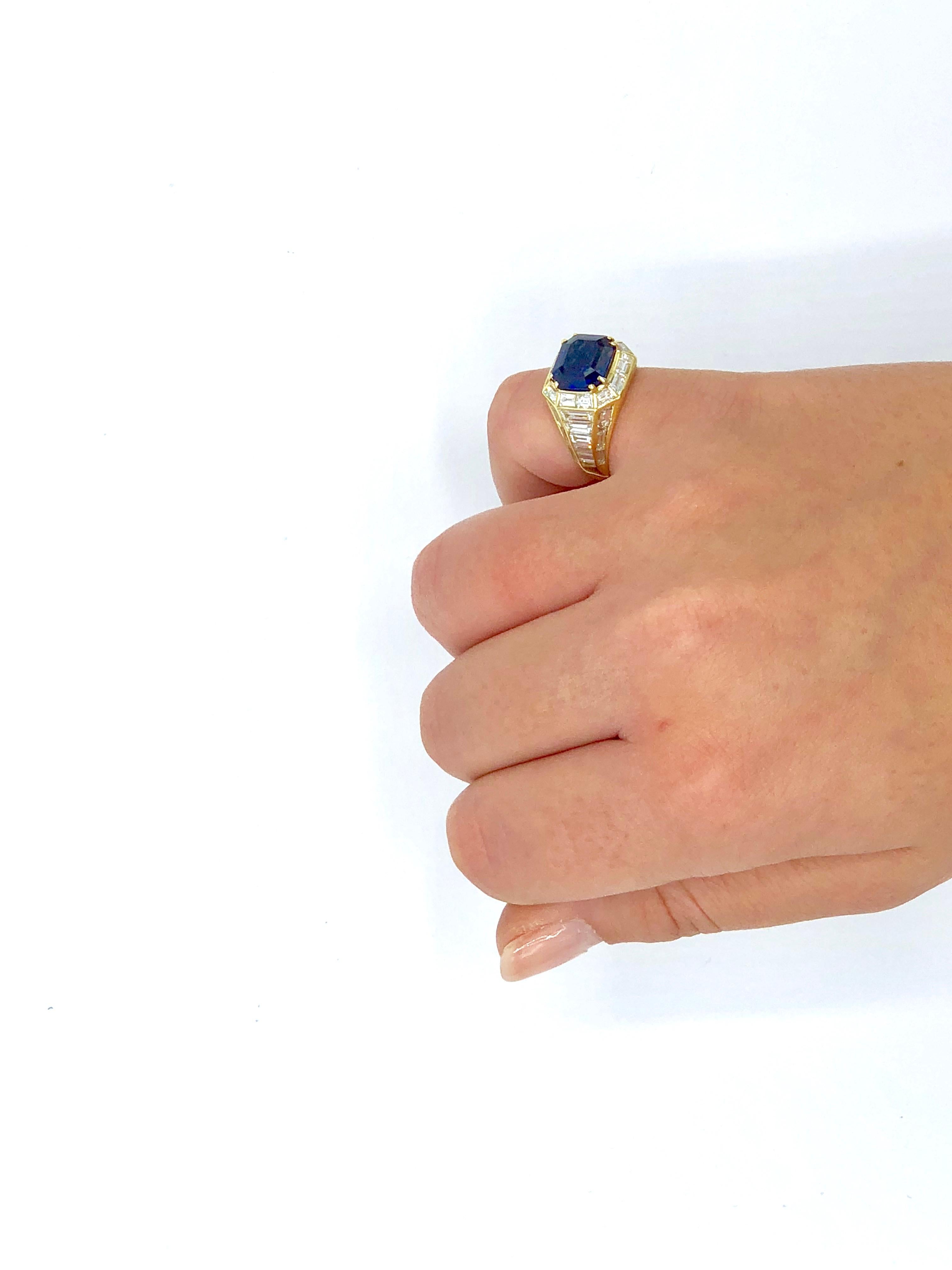 Gold and Diamond Trombino Ring with Emerald Cut Burma Sapphire 7.47 Carat For Sale 5