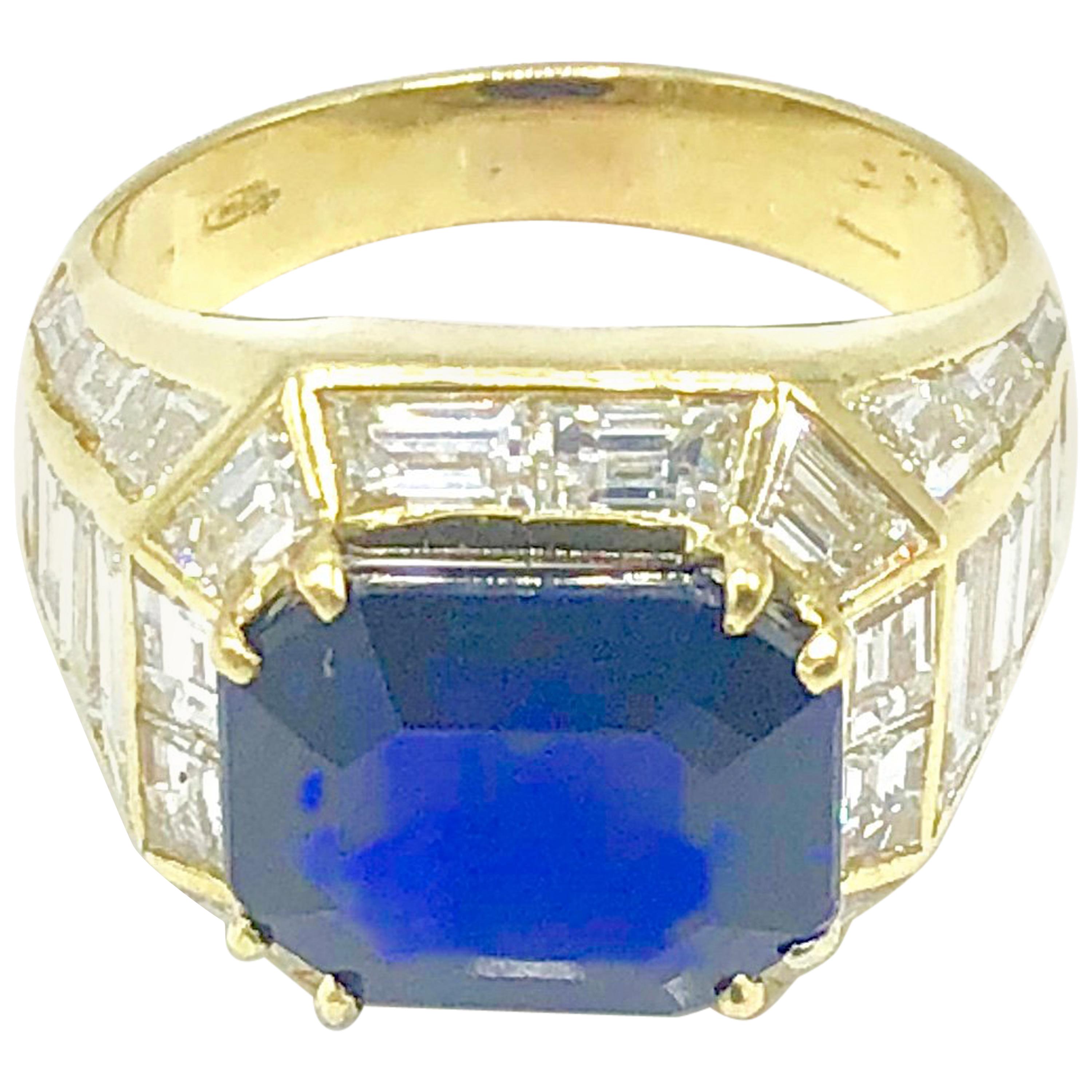 Gold and Diamond Trombino Ring with Emerald Cut Burma Sapphire 7.47 Carat For Sale