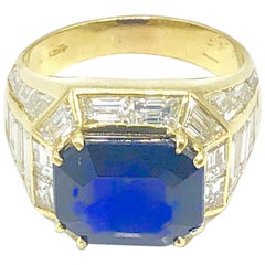 Gold and Diamond Trombino Ring with Emerald Cut Burma Sapphire 7.47 Carat