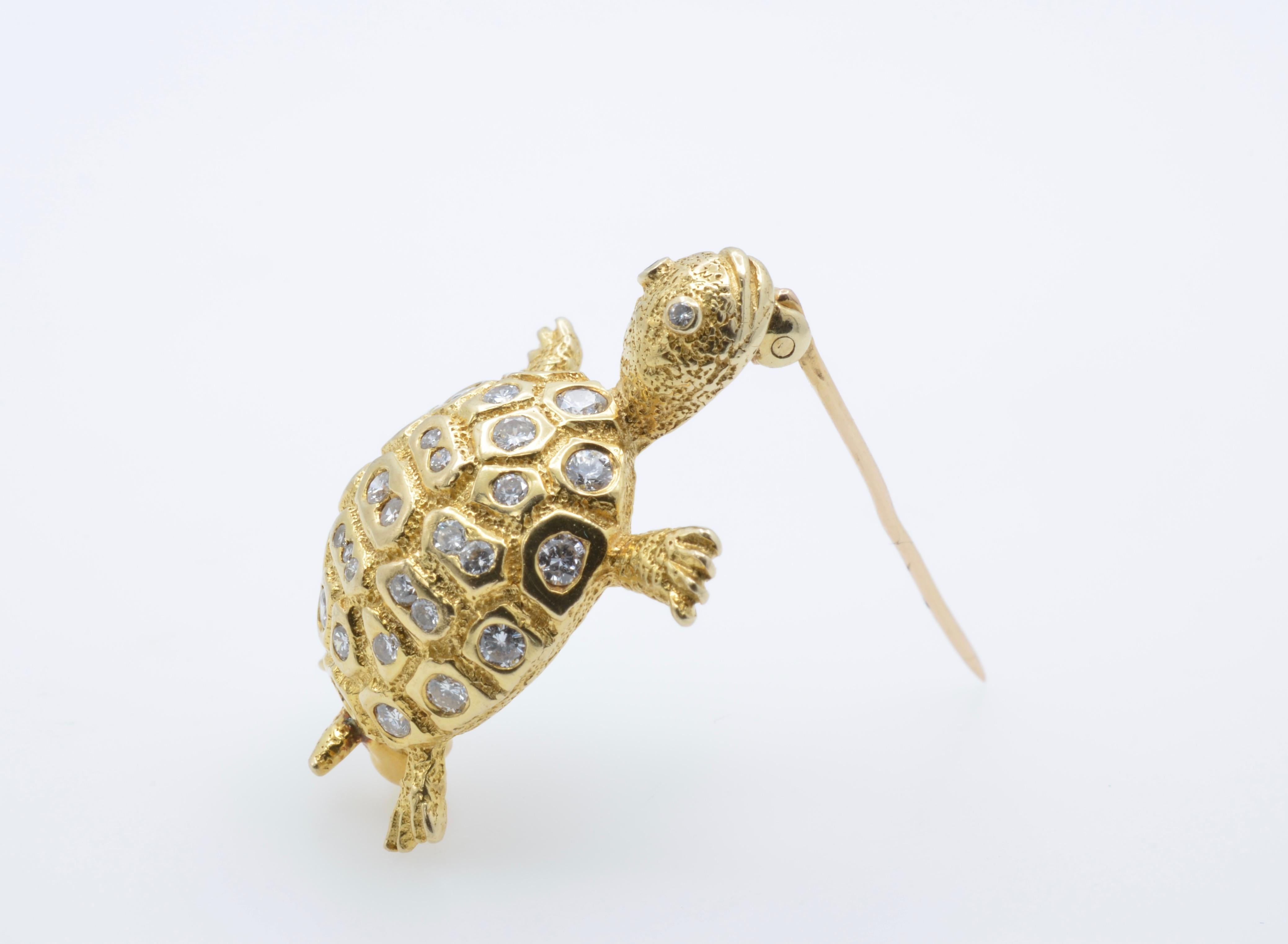 Round Cut Gold and Diamond Turtle Brooch, 1970 For Sale