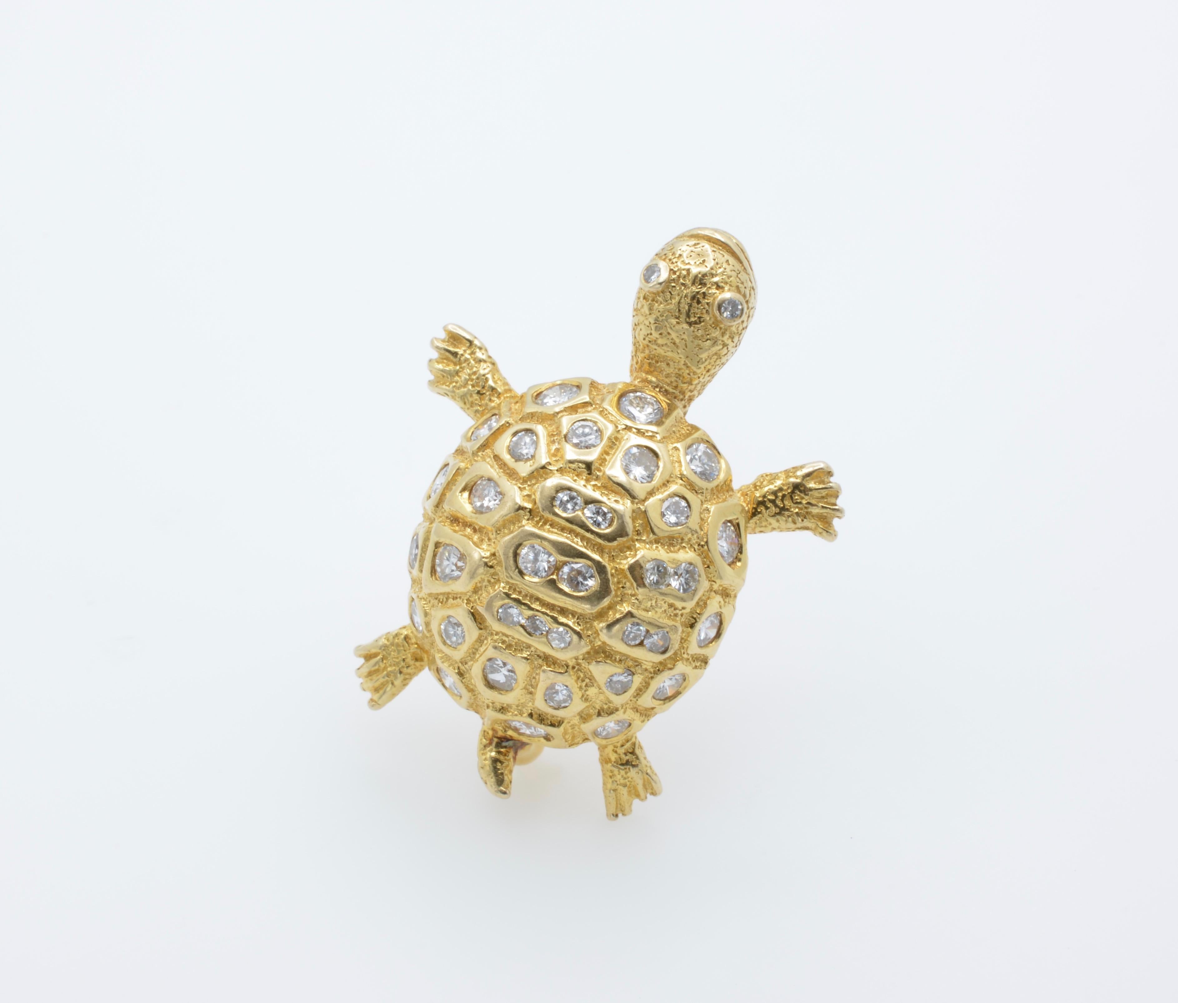 Women's or Men's Gold and Diamond Turtle Brooch, 1970 For Sale