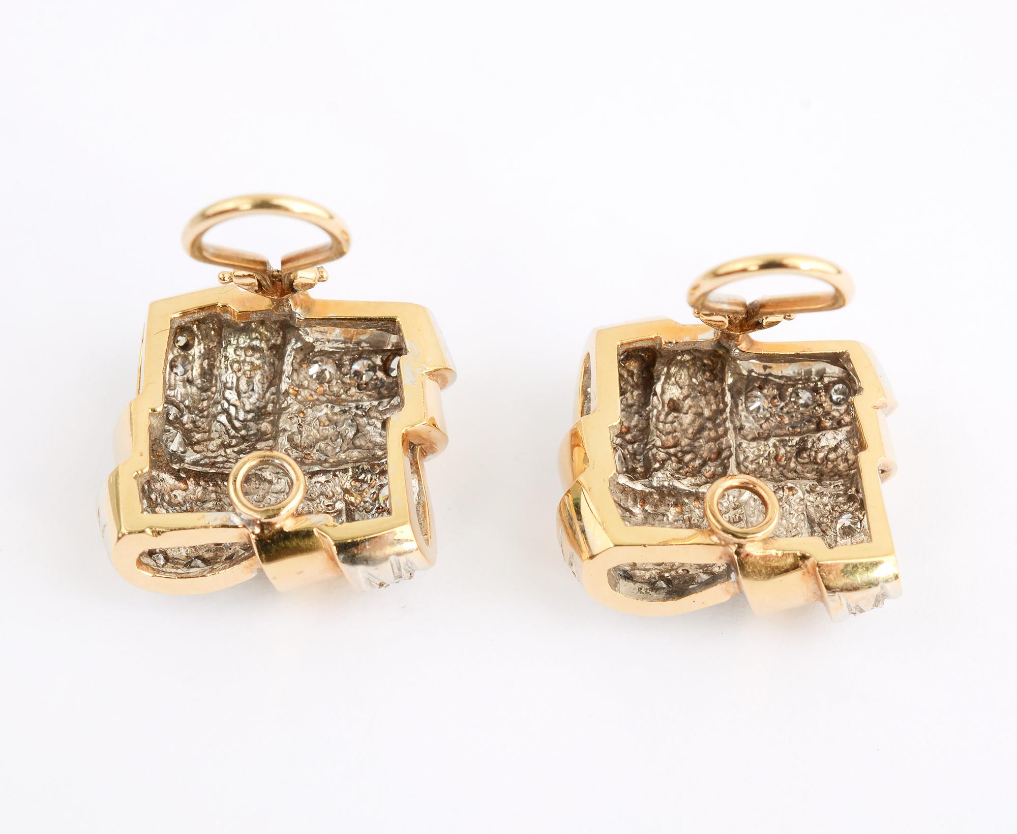 Brilliant Cut Gold and Diamond Woven Lattice Pattern Earrings For Sale