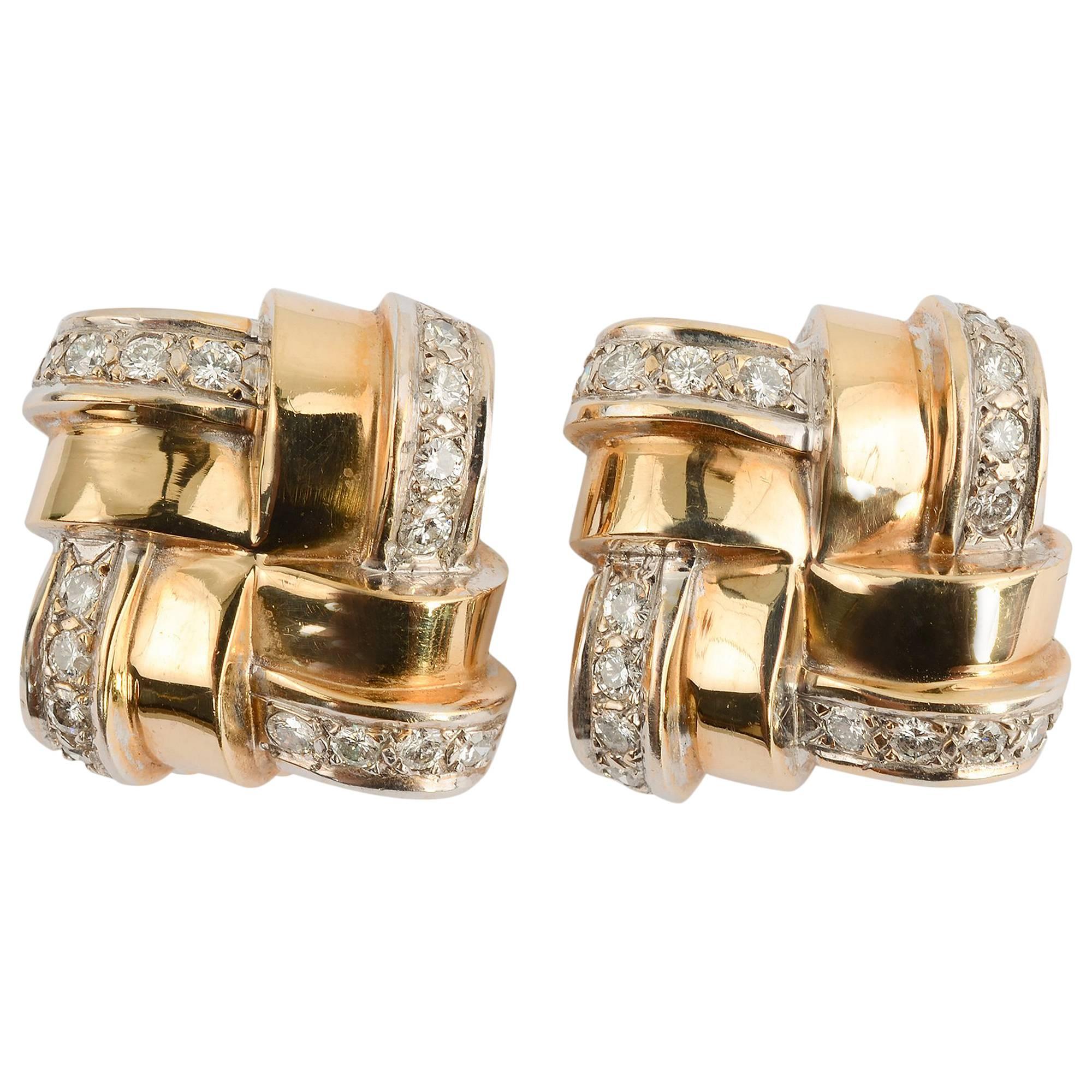 Gold and Diamond Woven Lattice Pattern Earrings For Sale