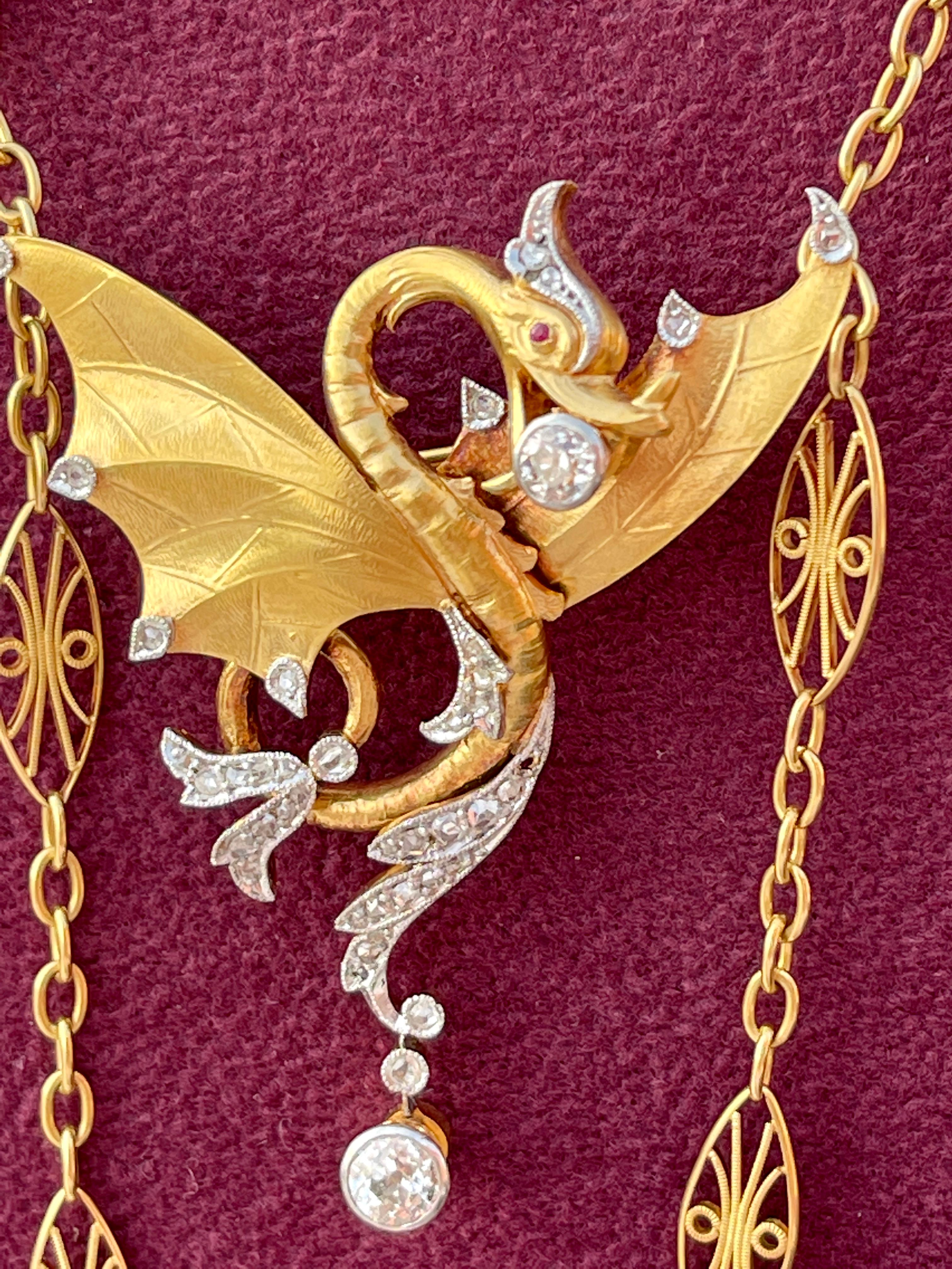 Women's or Men's  Animal Dragon Diamonds Gold 1890s Chinese Imperial Pendant or Brooch For Sale