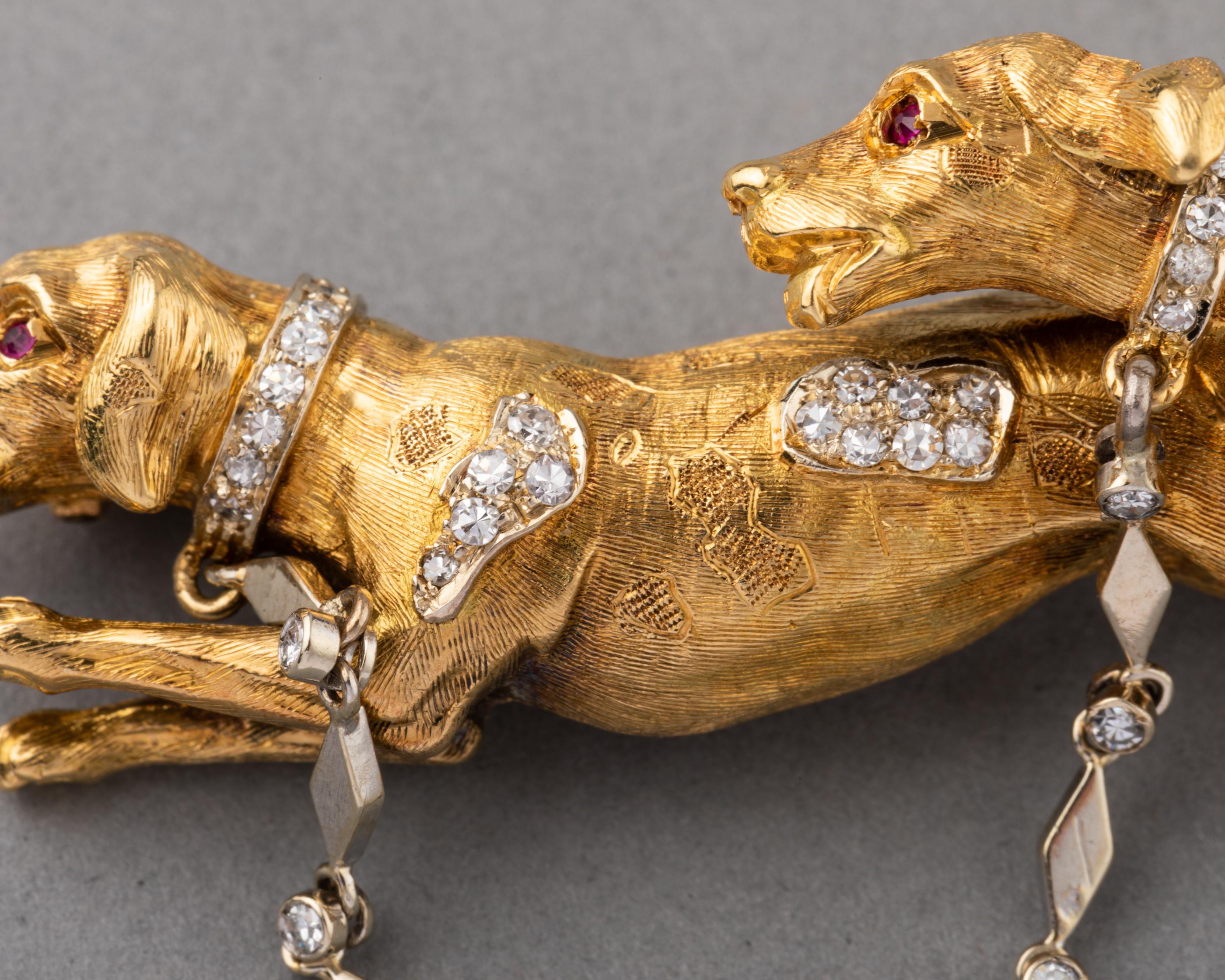 Gold and Diamonds European Vintage Dogs Brooch 1