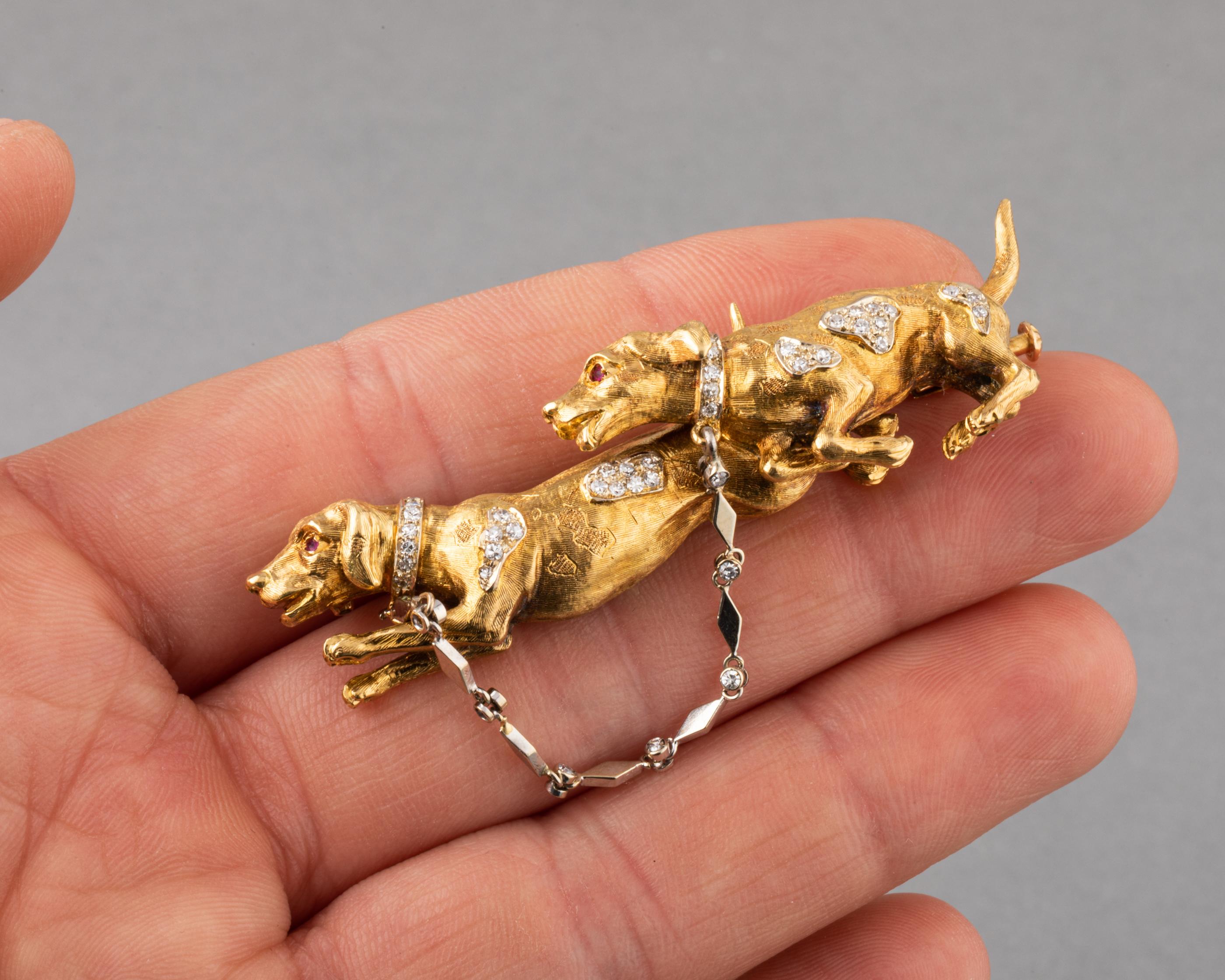 Gold and Diamonds European Vintage Dogs Brooch 3