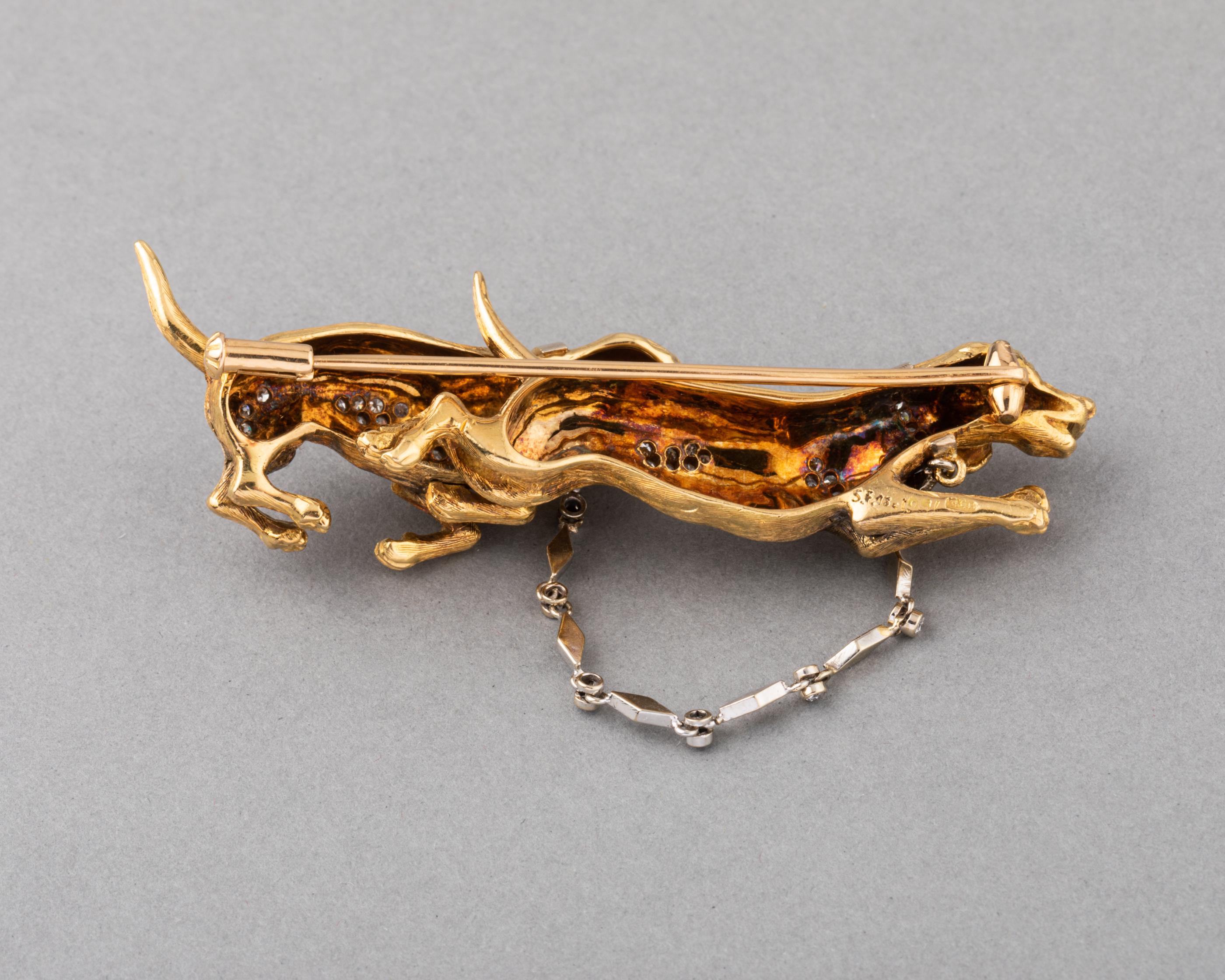 Gold and Diamonds European Vintage Dogs Brooch 4