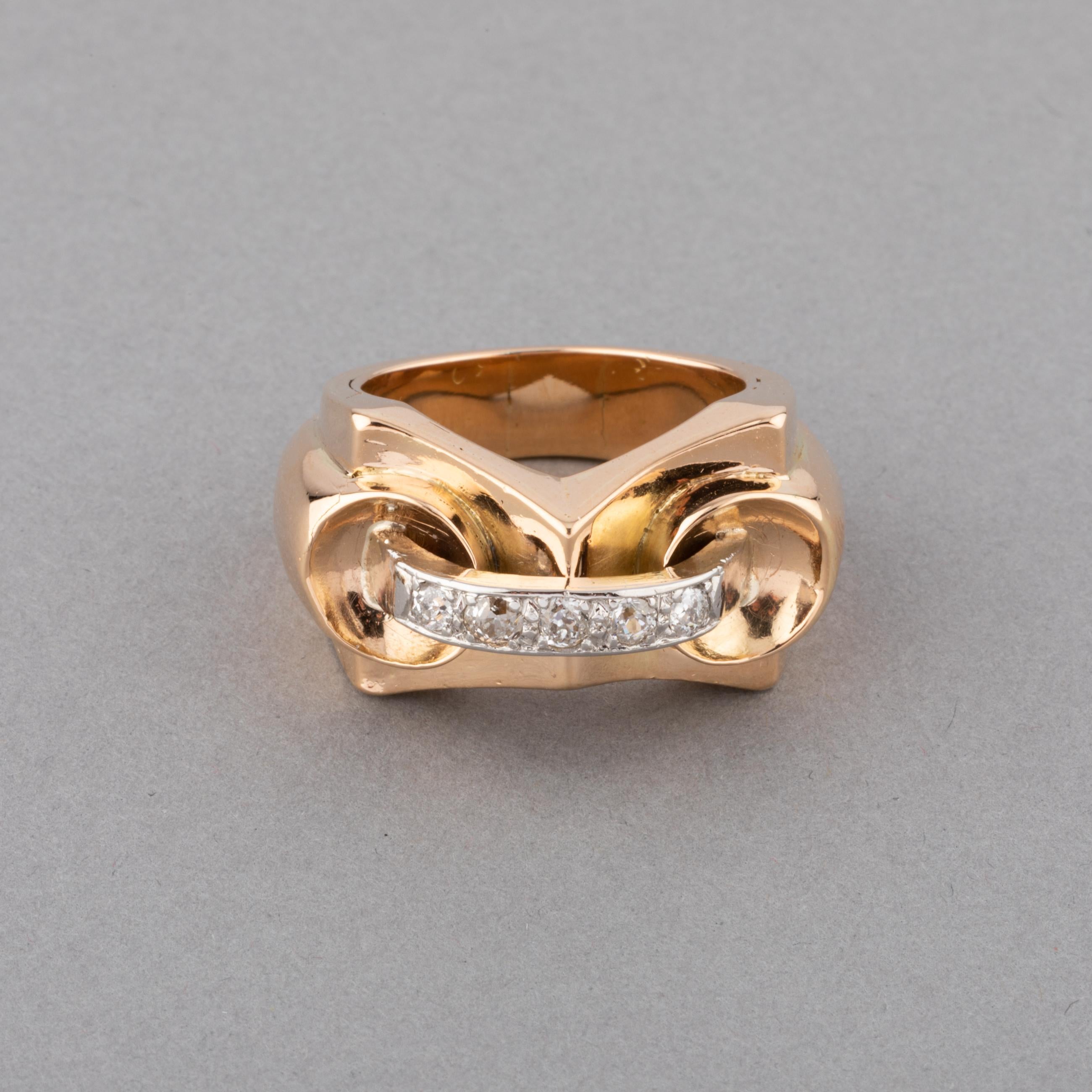 A lovely vintage ring, made in France circa 1940.
Made in yellow gold 18k and platinum. They are partly erased / polished but we can notice the eagle head Hallmark and Dog head hallmark for gold and platinum.
The ring has presence, the size is 57.5