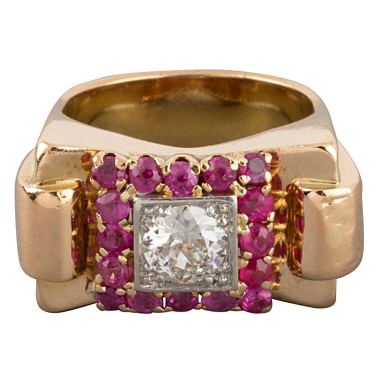 Gold and Diamonds French Retro Ring For Sale