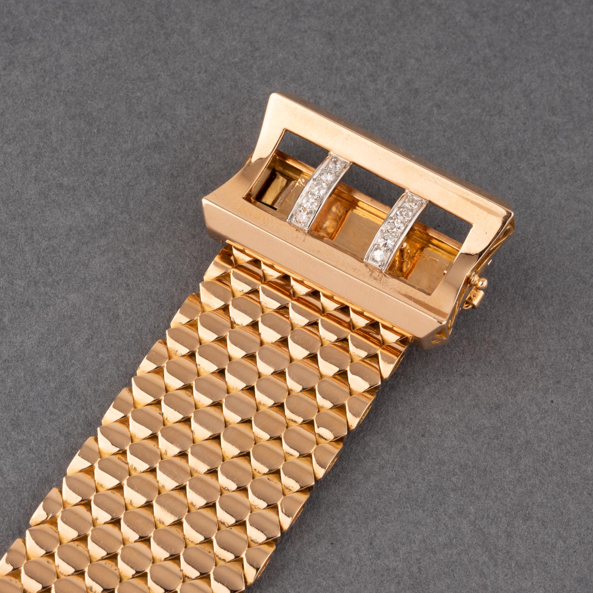 Gold and Diamonds French Vintage Belt Bracelet In Good Condition For Sale In Saint-Ouen, FR