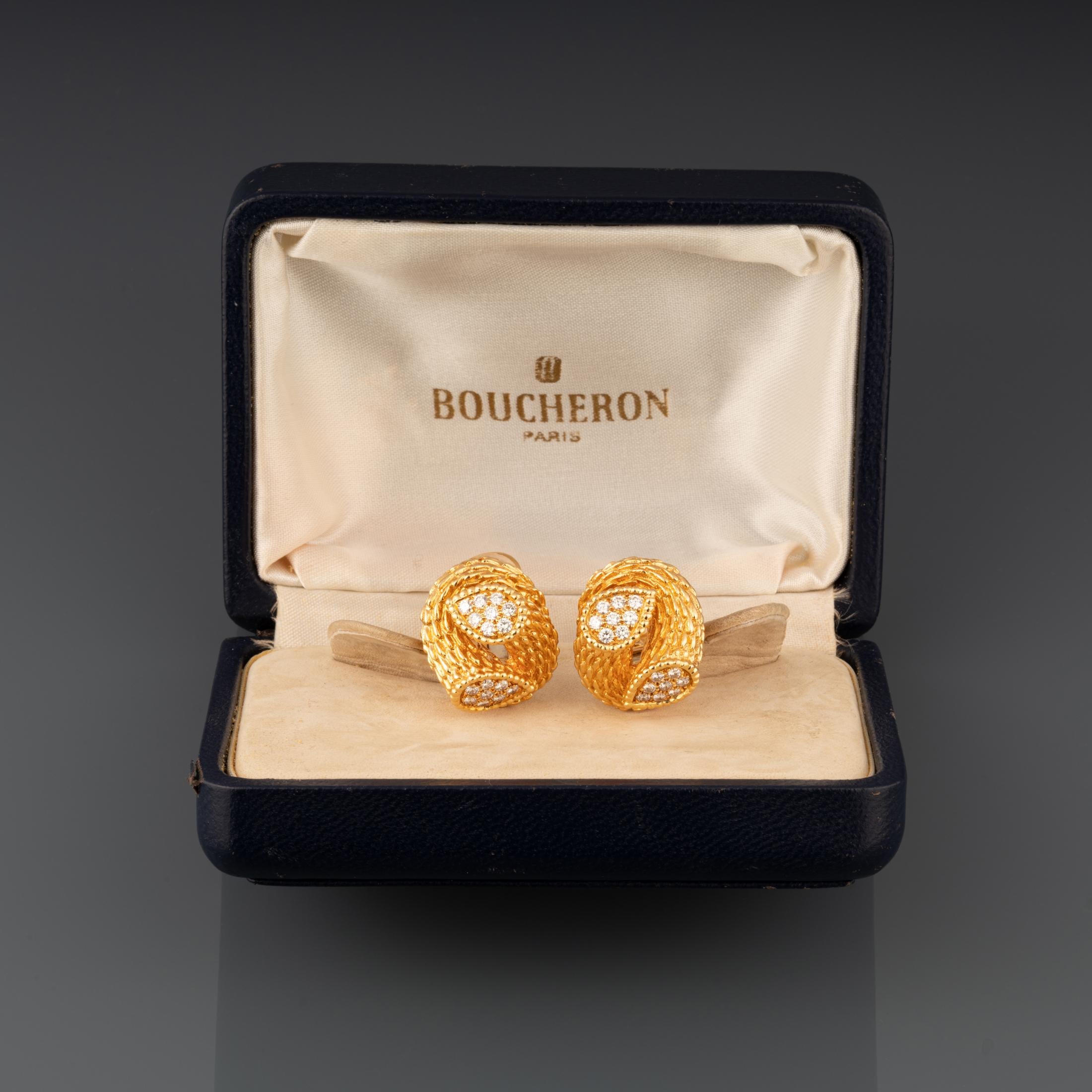 Brilliant Cut Gold and Diamonds Vintage Boucheron Clip Earrings For Sale