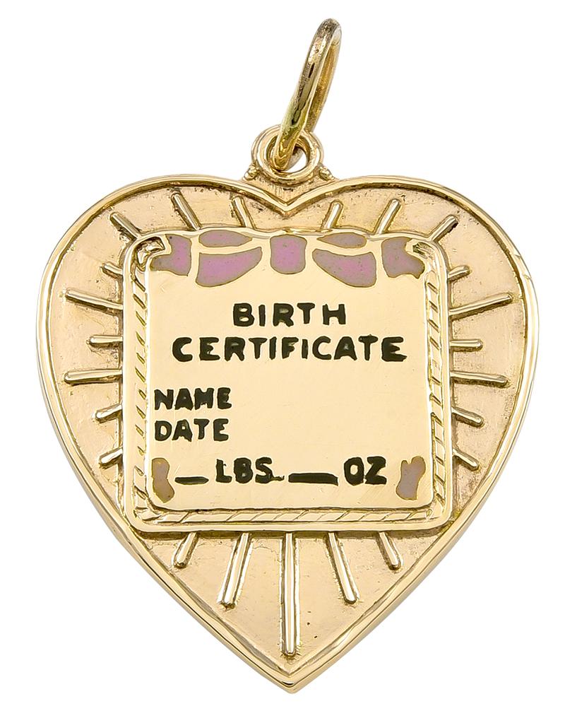 Women's Gold and Enamel Birth Certificate Charm