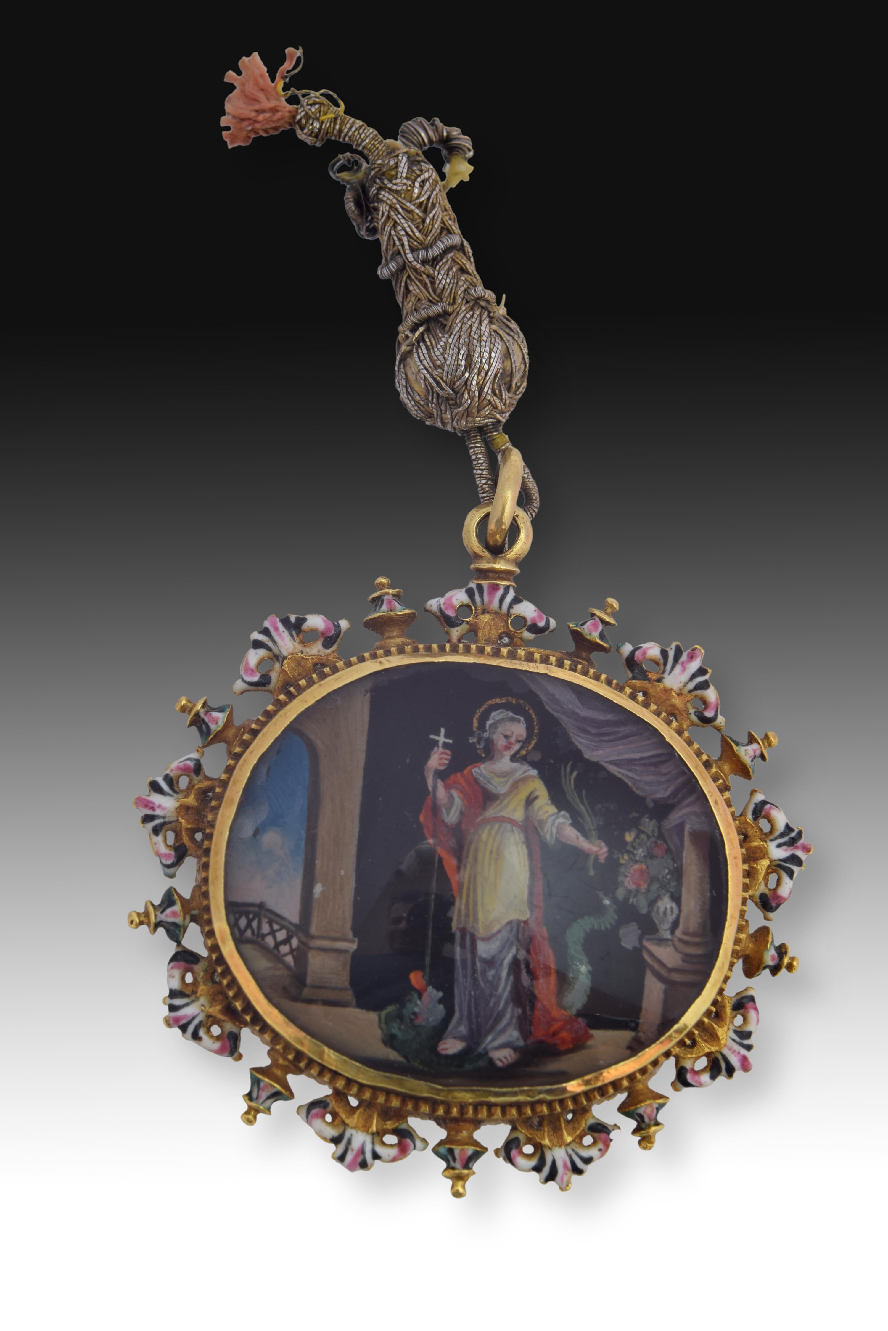 Reliquary or devotional pendant. Gold, enamel. Mallorcan school, 17th century.
Devotional gold pendant decorated with edge enamels in various shades that shows, on the one hand, Saint John the Baptist as a Child accompanied by the Lamb, and, on the