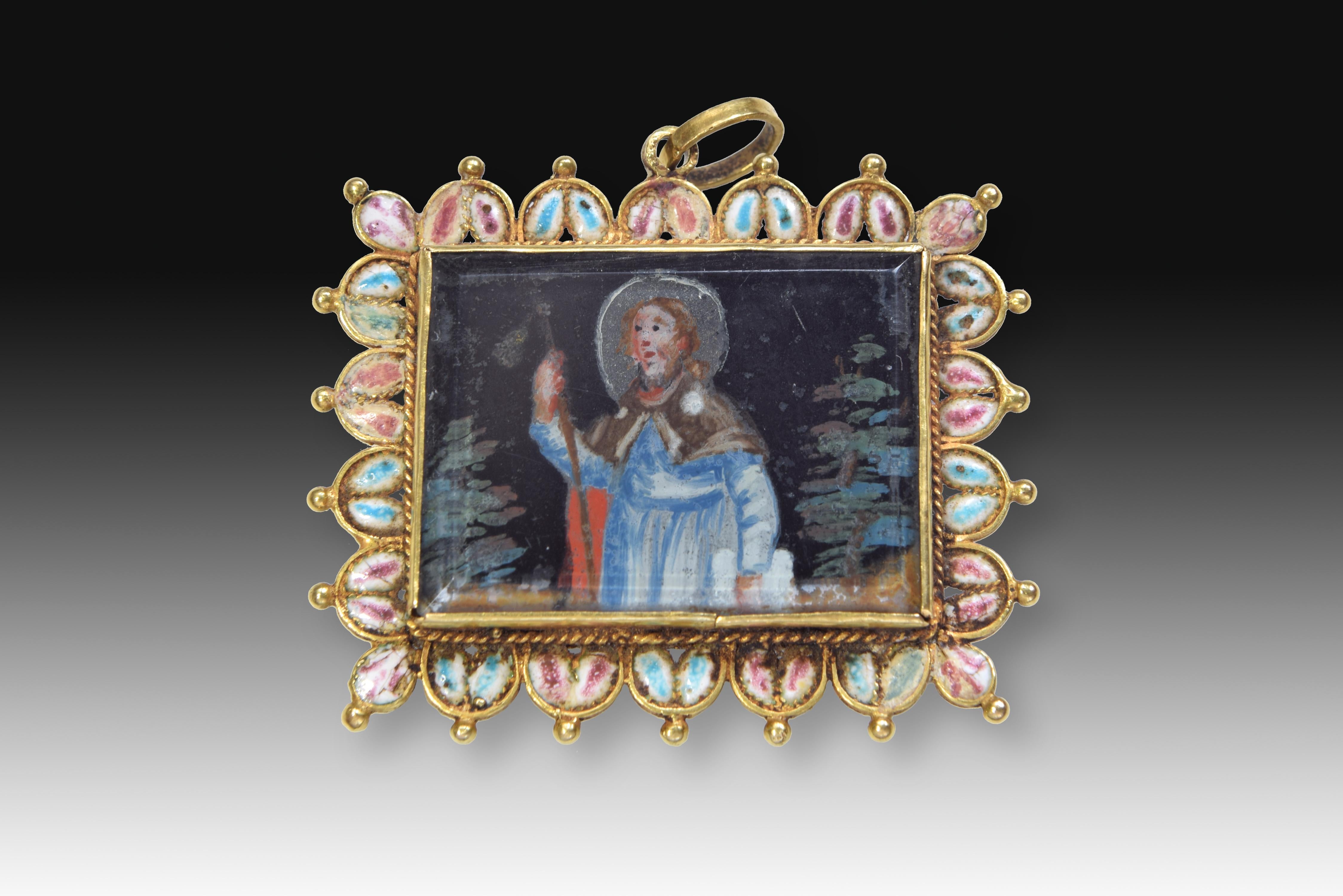 Devotional pendant or reliquary. Gold, enamel. Mallorca school, 17th century.
Devotional pendant or rectangular reliquary made of gold and enamels that has a simplified Annunciation on one side and a figure of Santiago Apóstol on the other. The