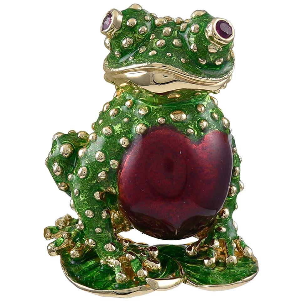 Gold and Enamel Frog Brooch