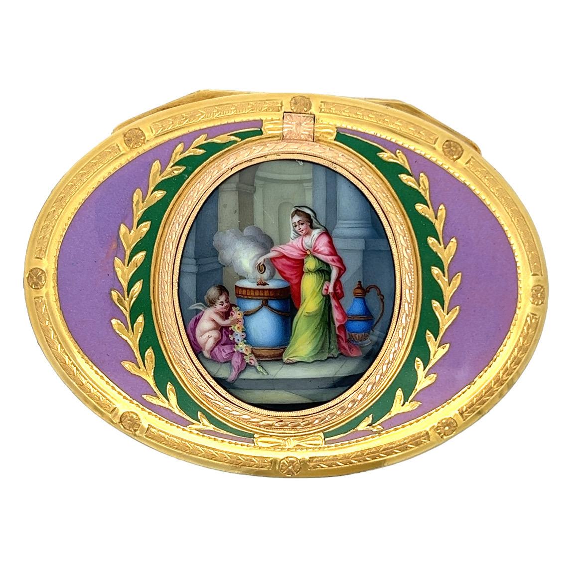 Tabatière allemande en or et émail

Tabatière ovale en émail rose, bleu et vert. Le dessus de la boîte est orné d'une plaque émaillée représentant une femme devant un autel de l'amour avec un bébé Cupidon.  Le couvercle s'ouvre pour révéler un