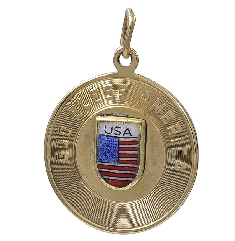 Gold and Enamel God Bless America Charm For Sale