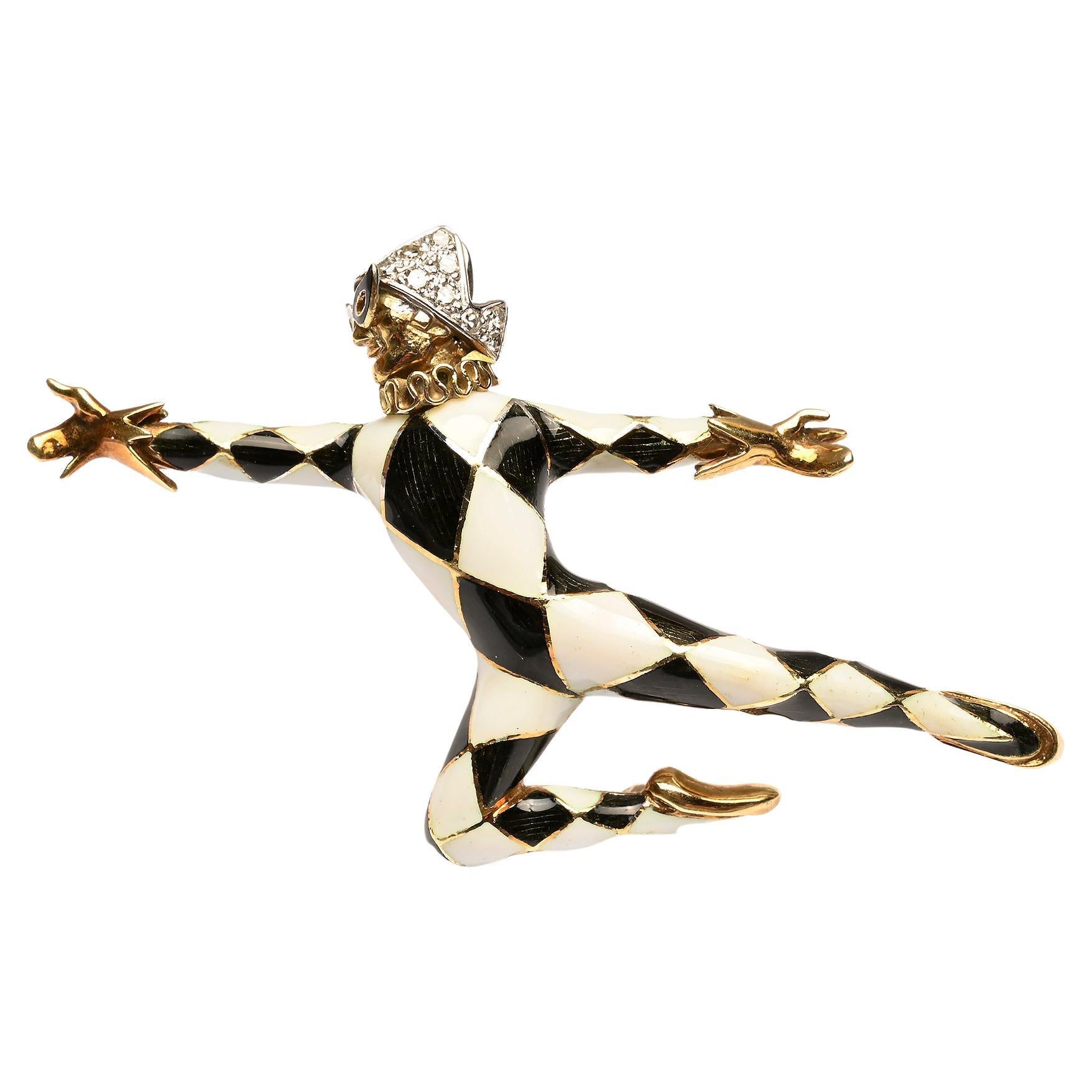 Gold and Enamel Jester Brooch For Sale