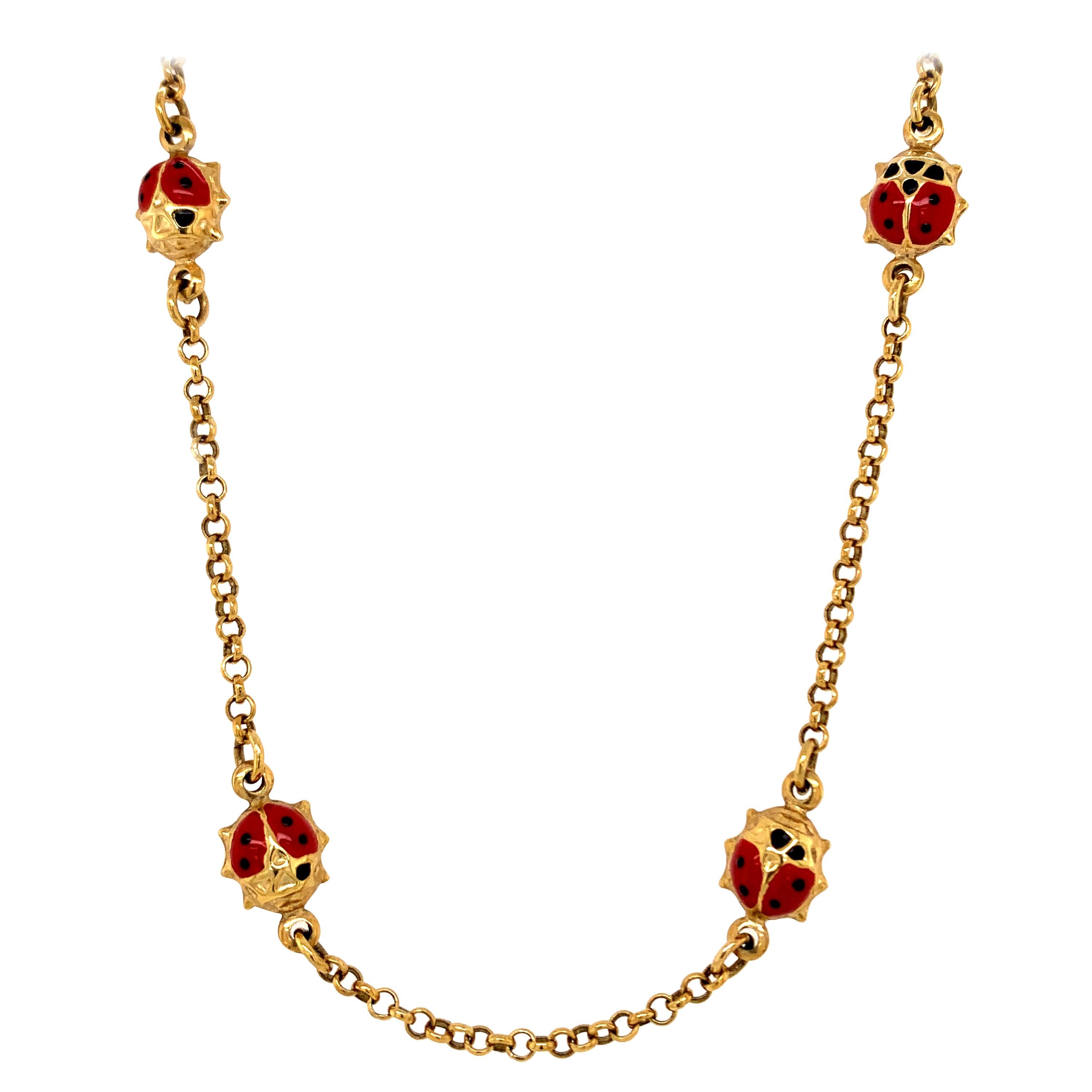 Gold and Enamel Lady Bug Necklace