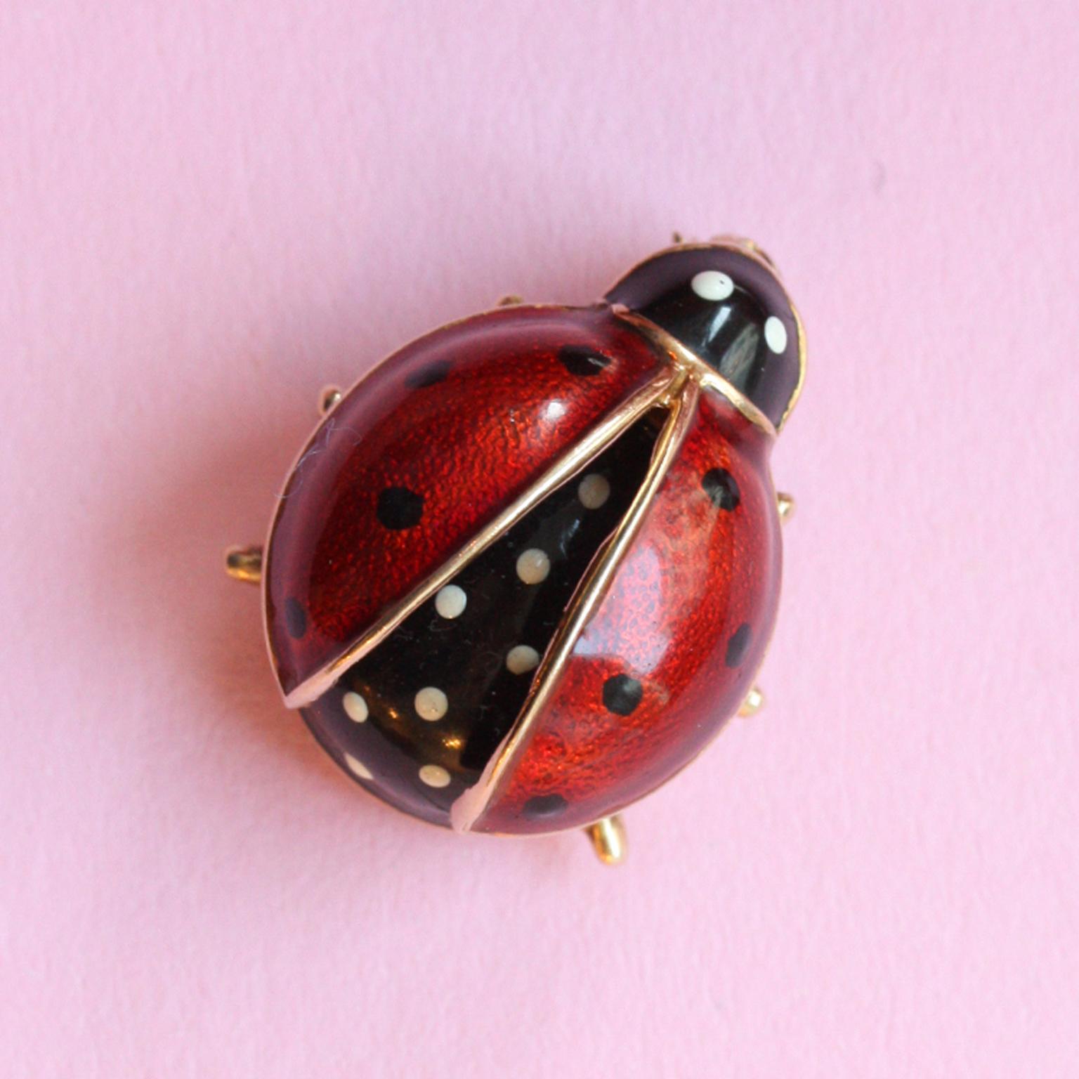 A 14 carat gold brooch in the shape of a ladybird with black and white and red transparant enamel.

weight: 4.3 grams
dimensions: 2 x 1.5 x 1 cm