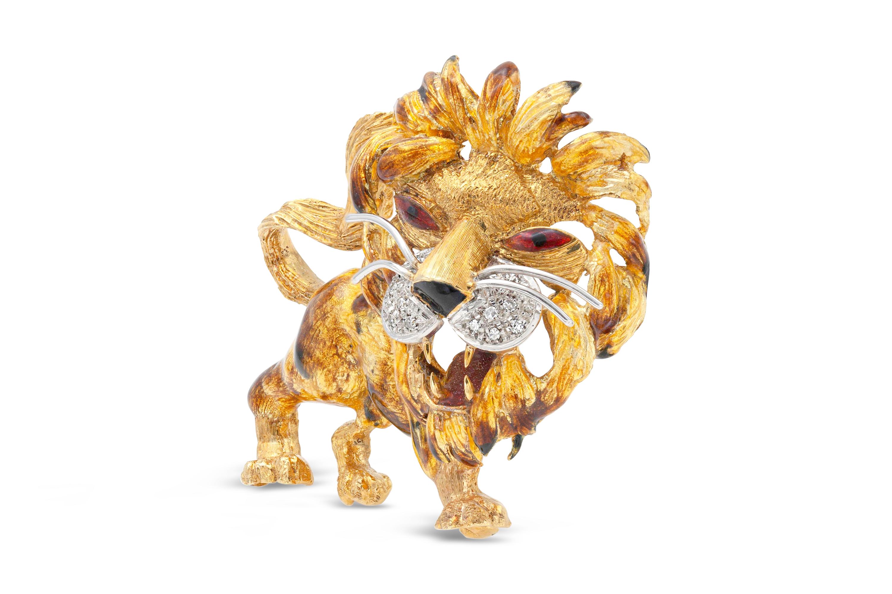 Finely crafted in 18k yellow gold covered with yellow, brown, red, and black enamel.
The pin features an Onyx as the nose of the lion and round brilliant cut diamonds weighing approximately a total of 0.34 carats.
2 1/4