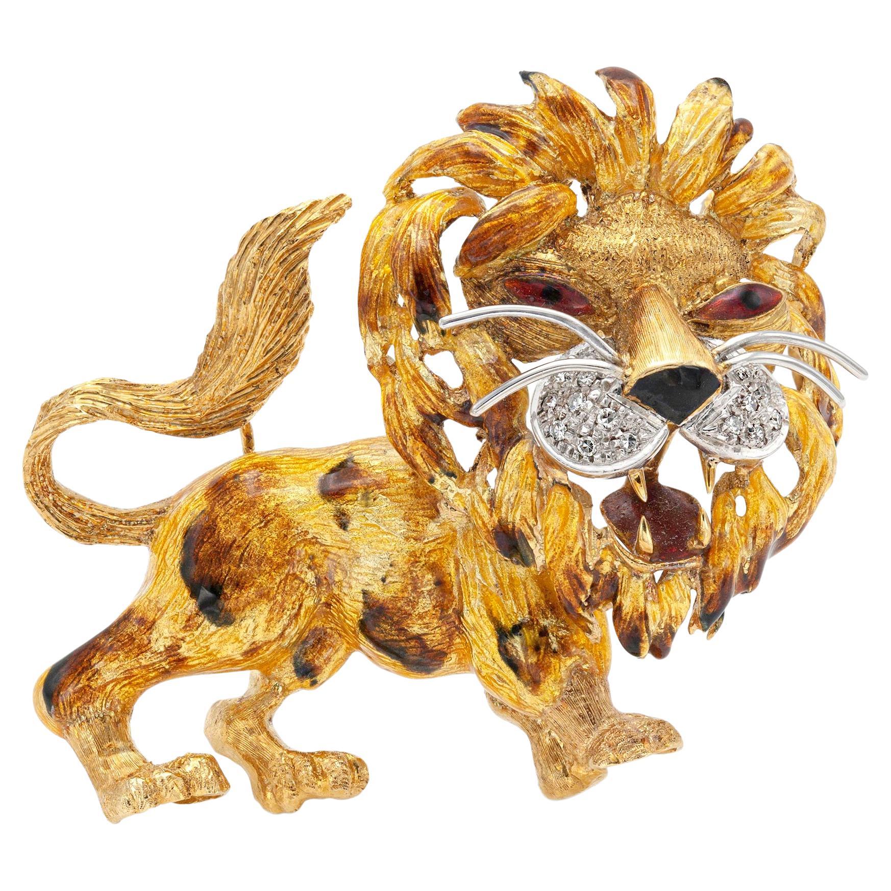 Gold and Enamel Lion Brooch