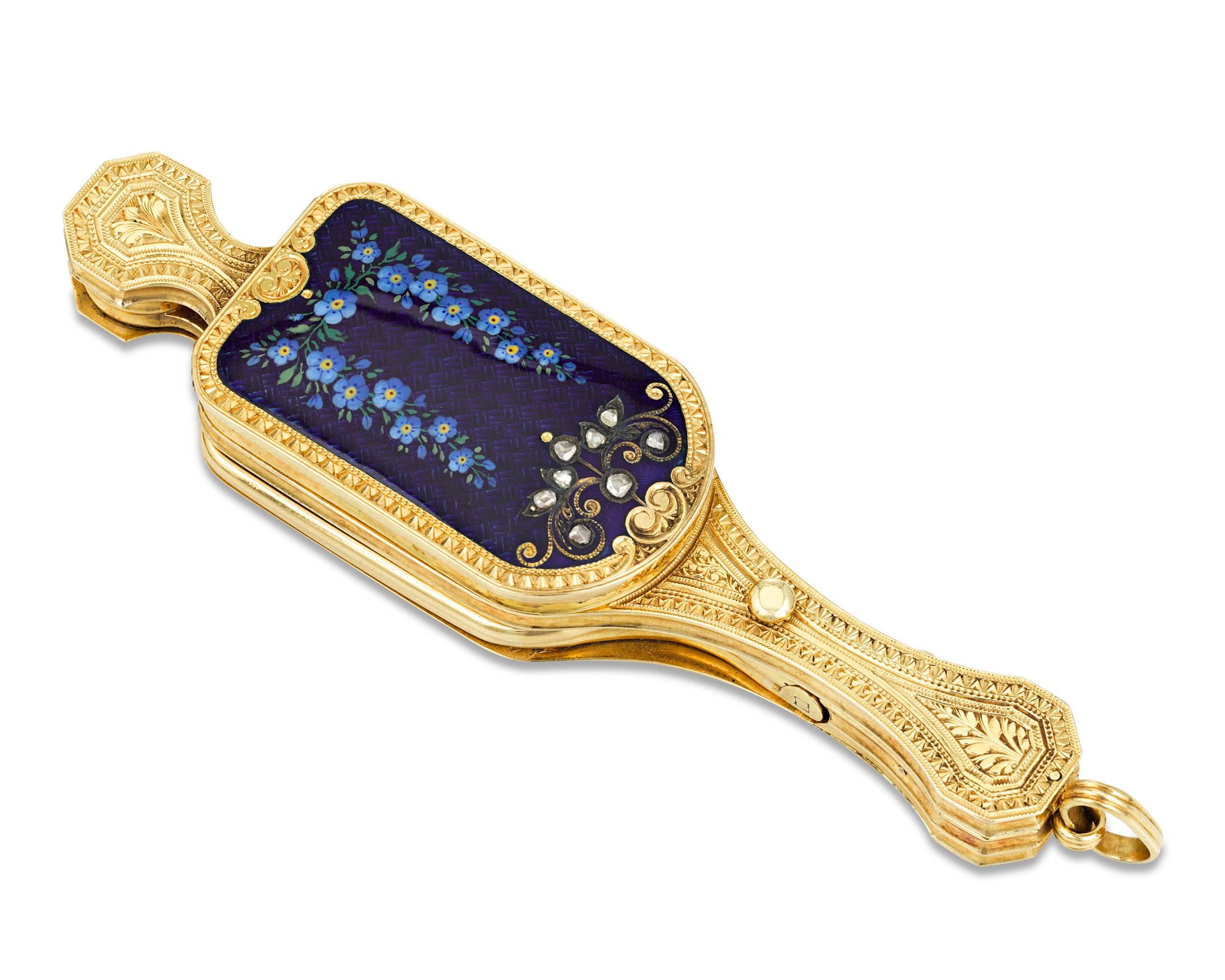 This masterfully crafted gold lorgnette is an exemplary specimen of Swiss workmanship. Crafted in the manner of the renowned Rossel & Fils, the enchanting piece is formed of meticulously worked 18K gold with exquisite guilloché enameling and diamond