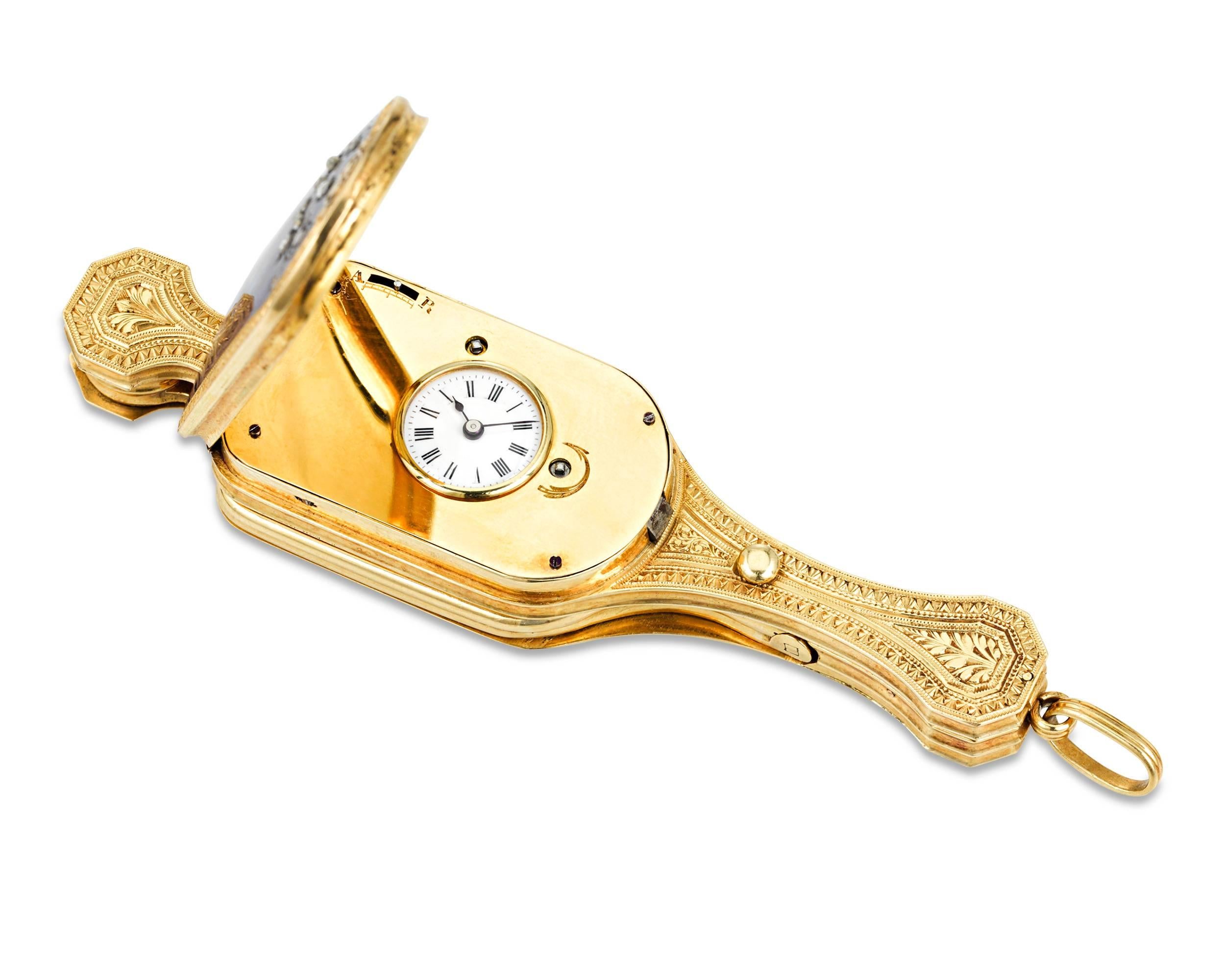 Victorien Lorgnette en or et émail avec montre cachée