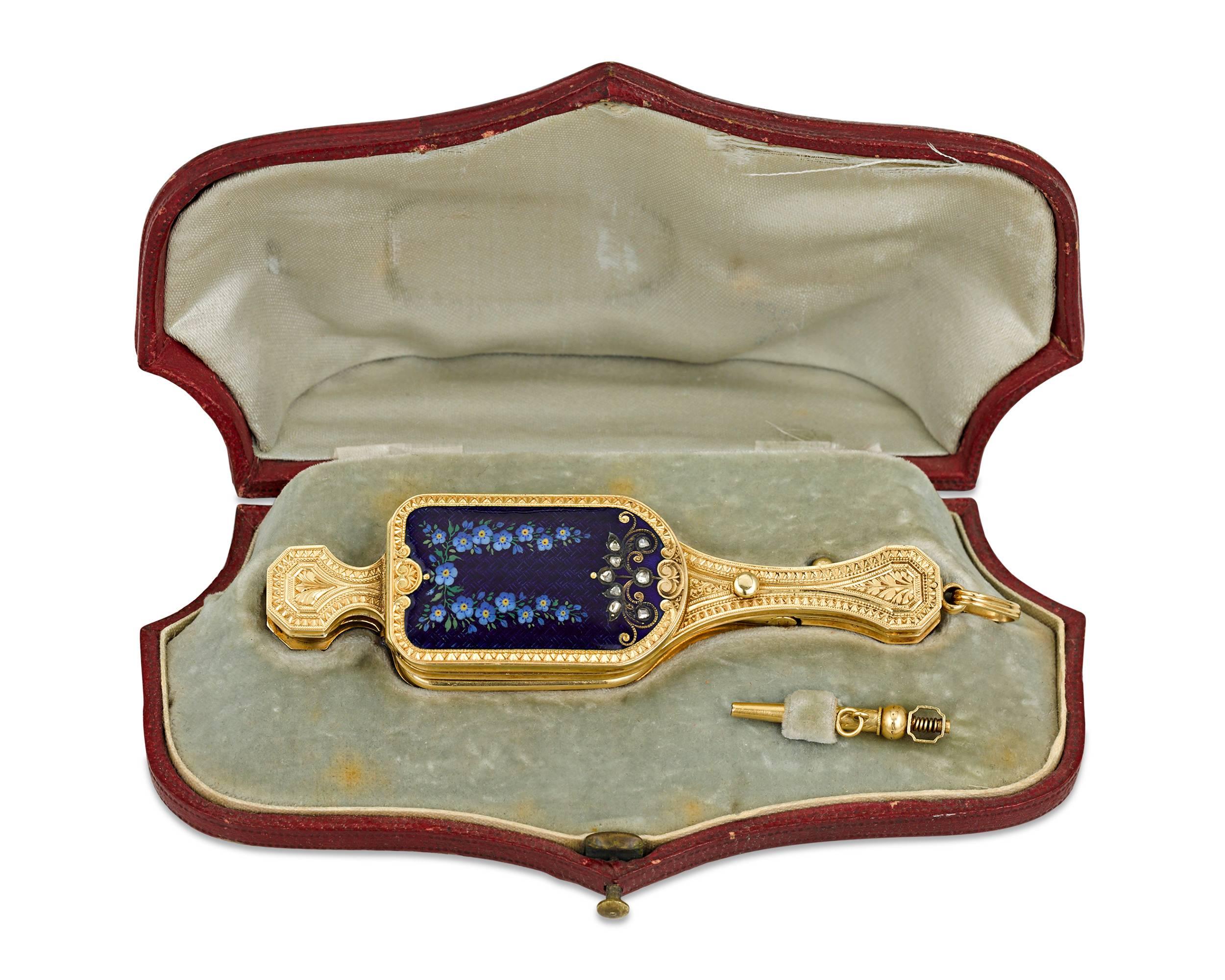 Gold and Enamel Lorgnette with Concealed Watch In Excellent Condition In New Orleans, LA