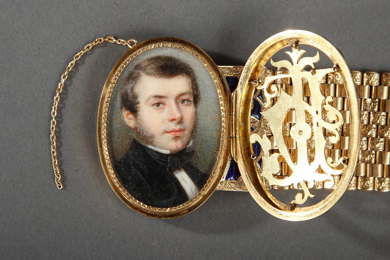 Women's or Men's Gold and Enamel Miniature Bracelet, Bost, 19th Century For Sale