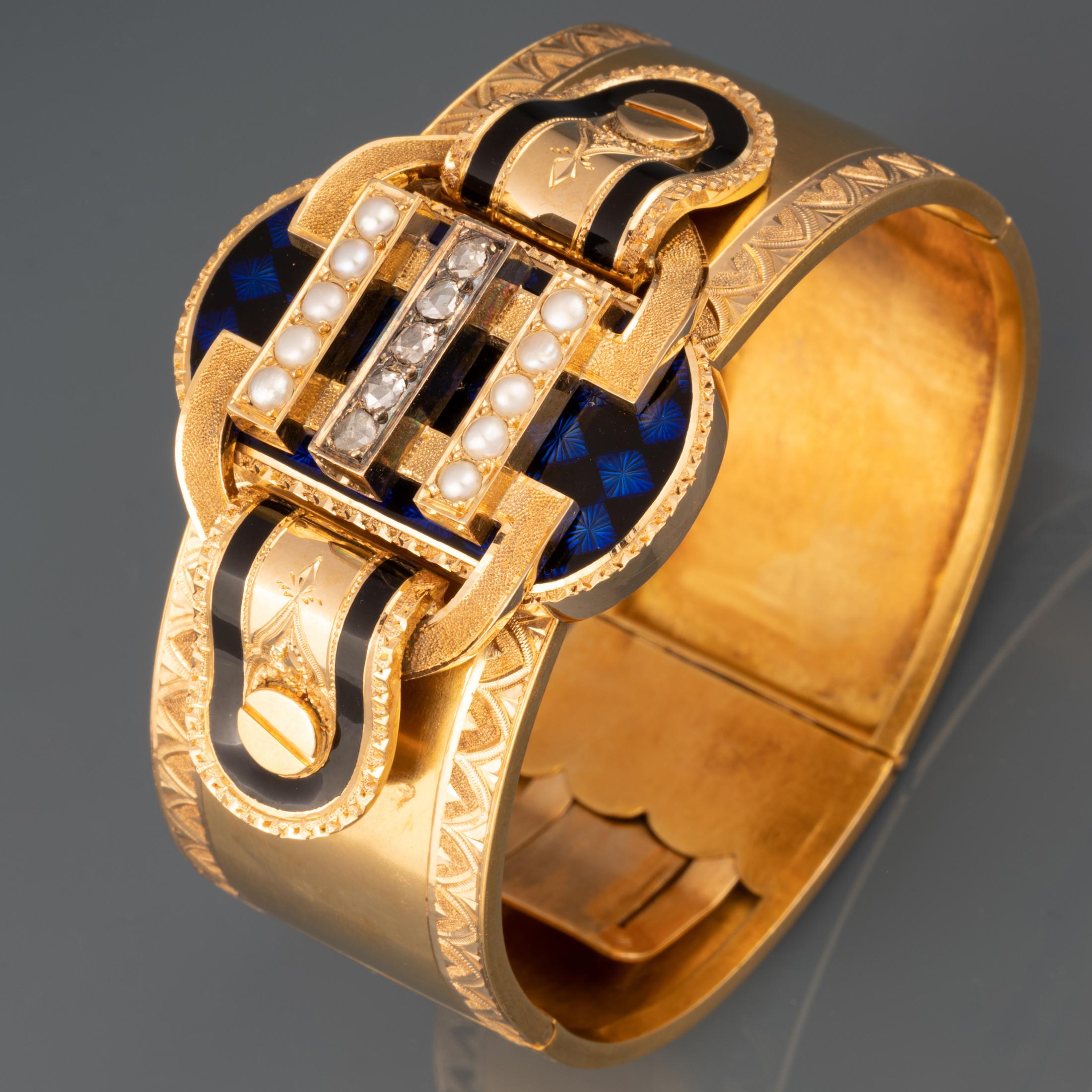 Gold and Enamel Napoleon III Bracelet In Good Condition For Sale In Saint-Ouen, FR