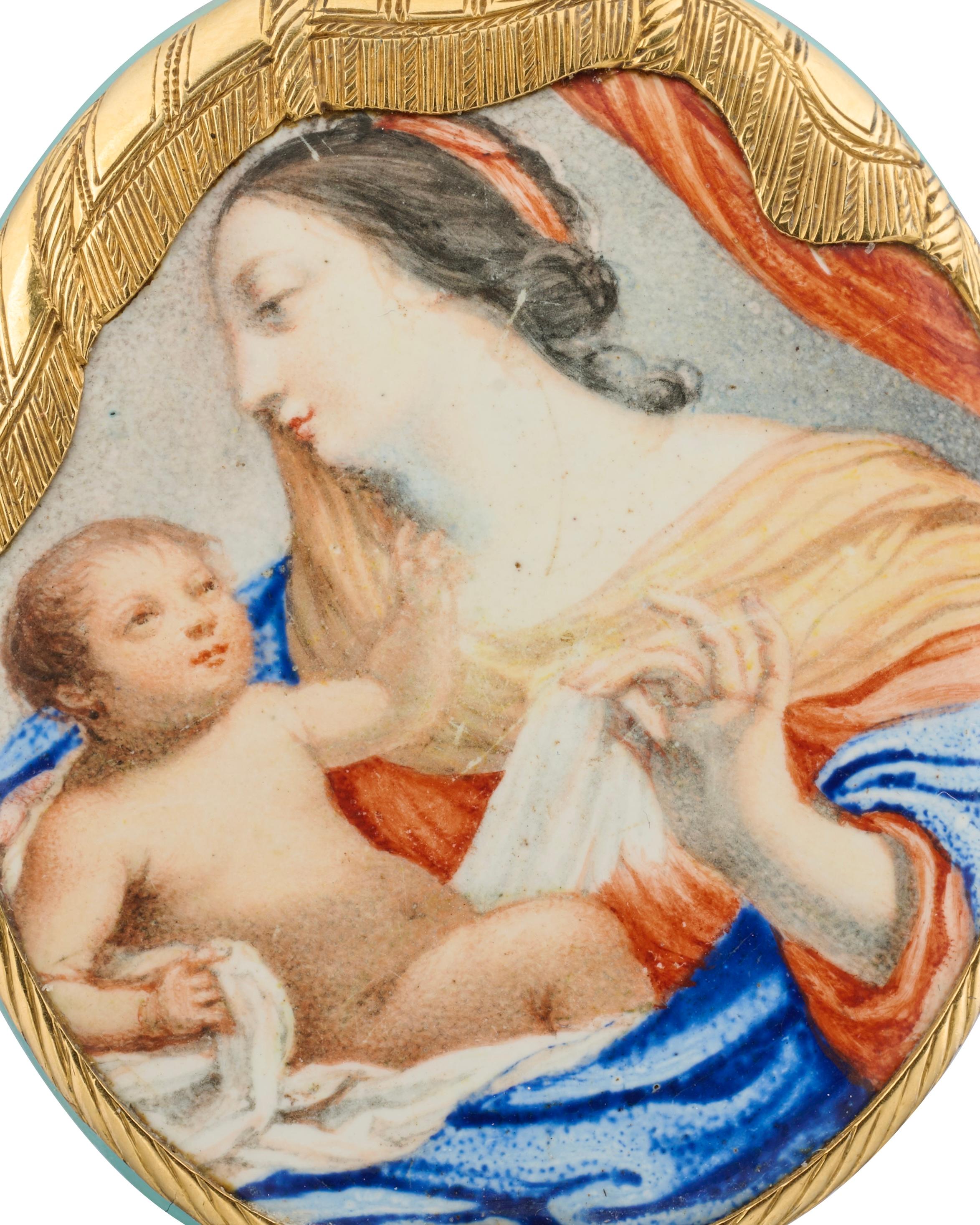 Gold and Enamel Locket Pendant Depicting the Virgin and Child.


French, mid 17th century.
 

Circle of Jean II Toutin (1619–after 1660).
 

Measurements

• Height: 4.8 cm (excluding loose bail)

• Width: 3.5 cm

• Depth: 0.9 cm

• Weight: 17.2