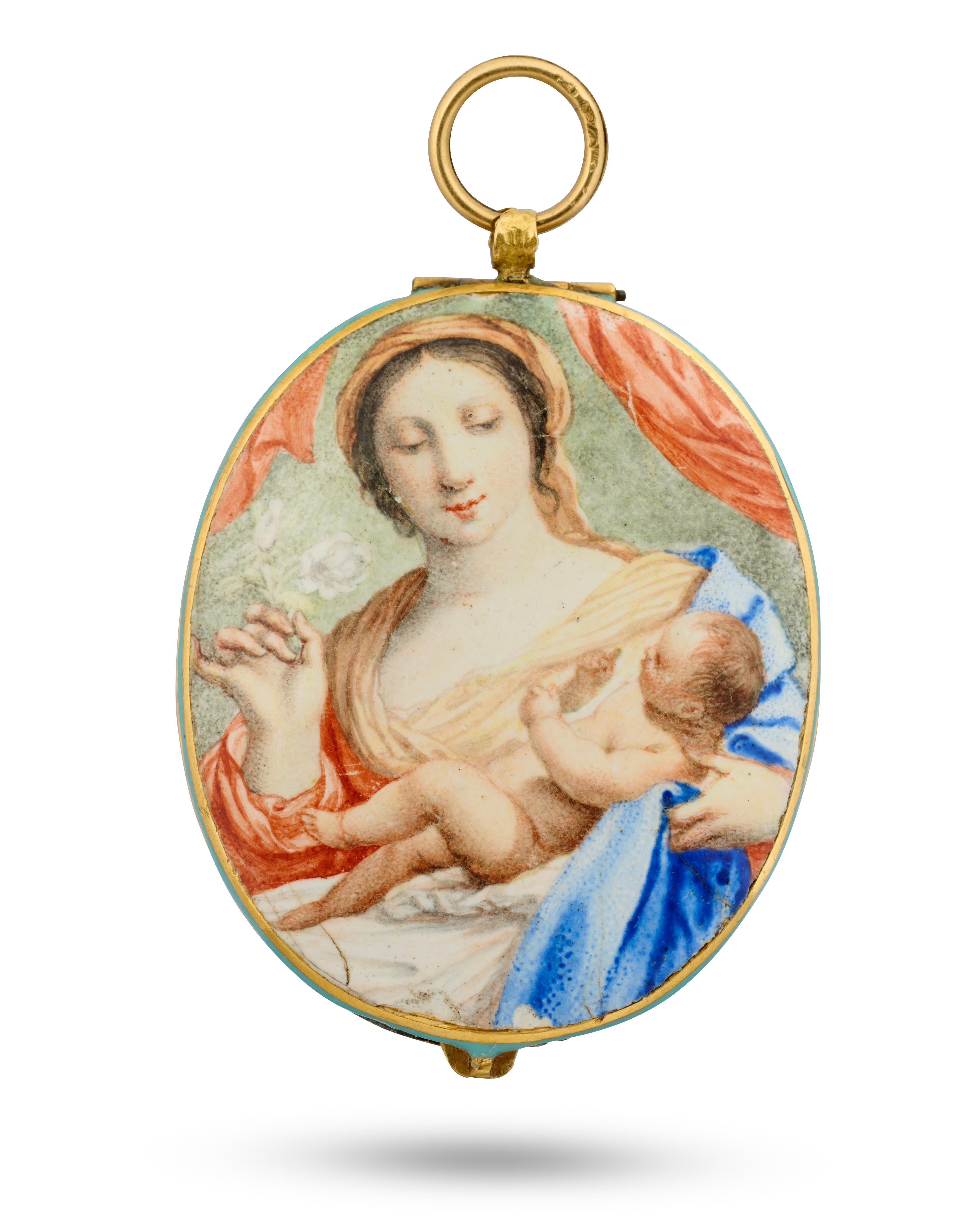 Women's or Men's Gold and Enamel Pendant Depicting the Virgin and Child. French, 17th century For Sale