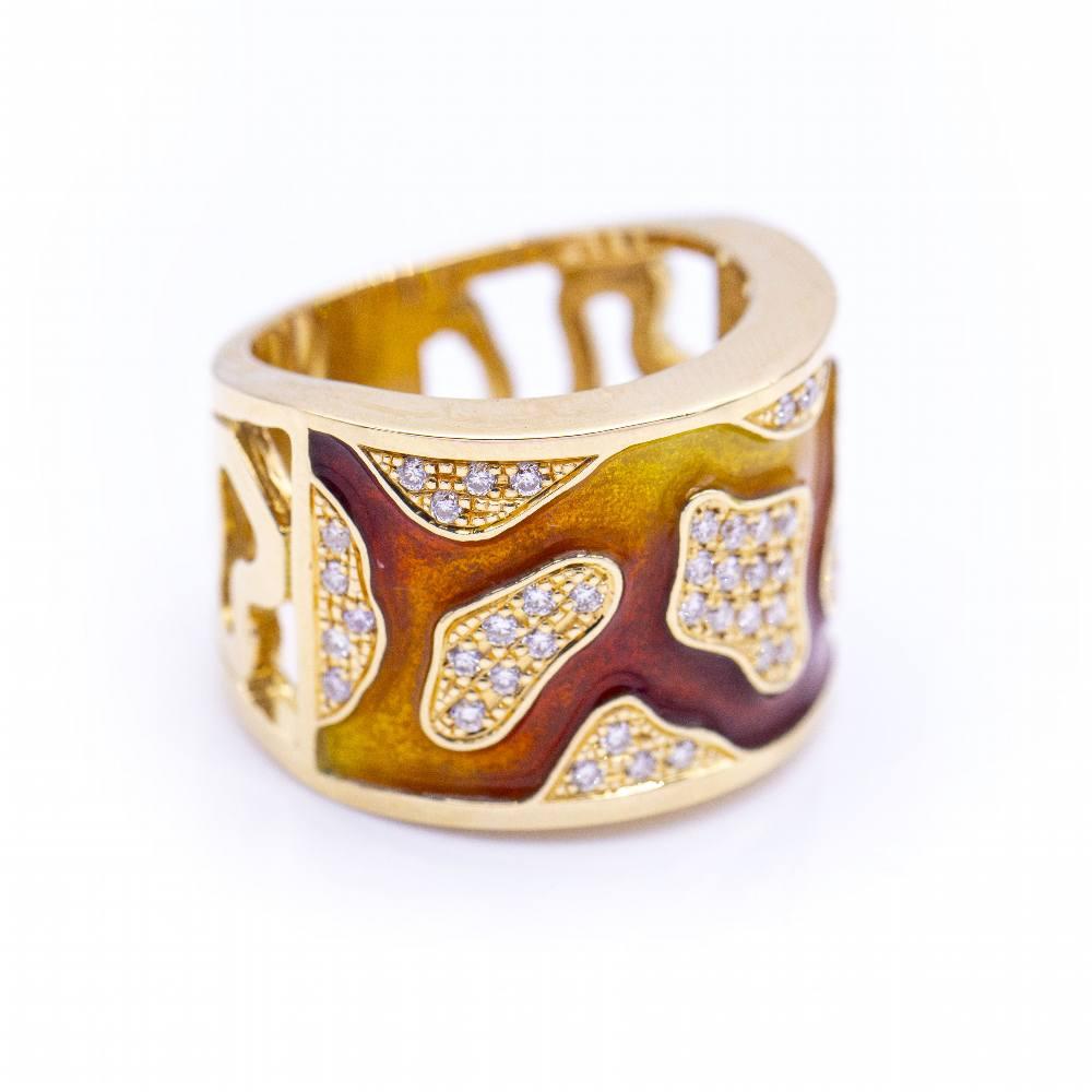 Women's Ring in Yellow Gold and Fire Enamel with 50 Brilliant Cut Diamonds with a total weight of 0.44 cts. in H/VS quality  Size 14 (One Size)  18kt Yellow Gold  16.70 grams.  15.60 mm wide  Brand new product, N102892