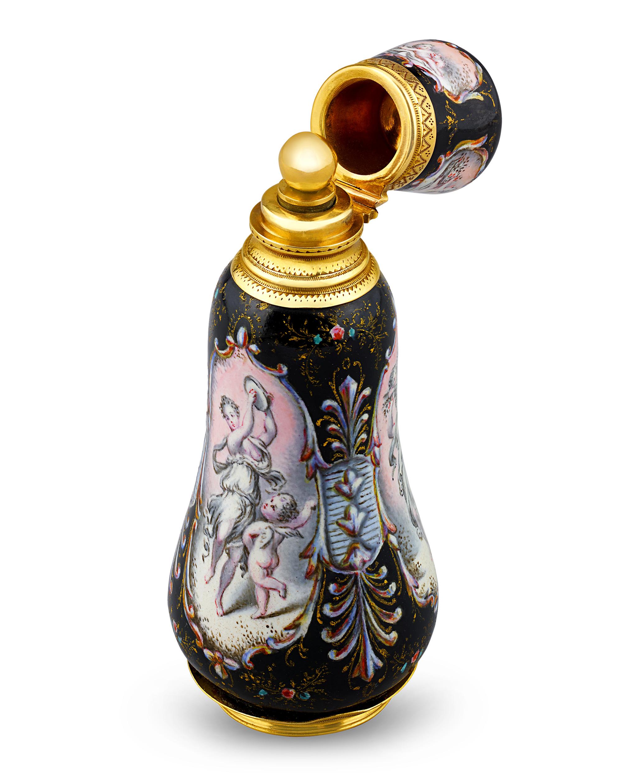 Exceptional enameling and gold detailing distinguish this diminutive French scent flask. Figurative panels emerge from a rich ground of black enamel and gilt decoration to reveal a scene of a young woman dancing and playing a tambourine for a