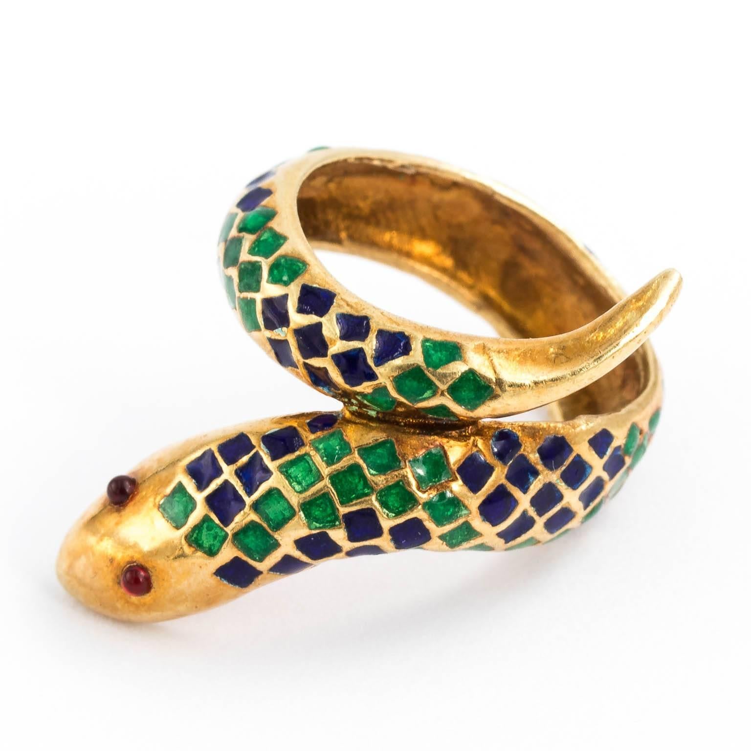 Women's Gold and Enamel Serpent Ring For Sale