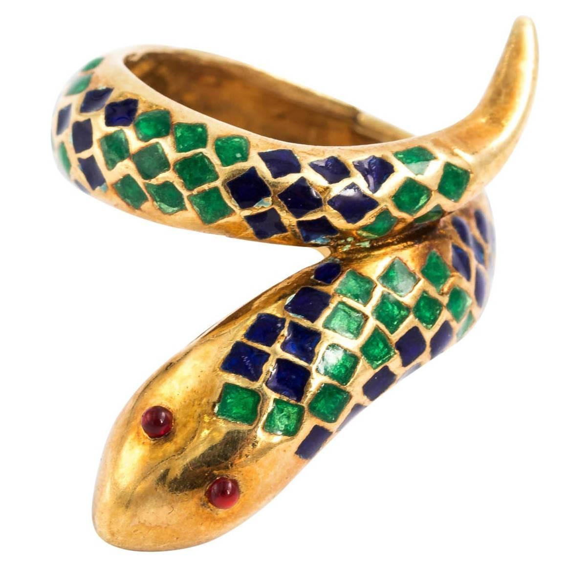 Gold and Enamel Serpent Ring For Sale