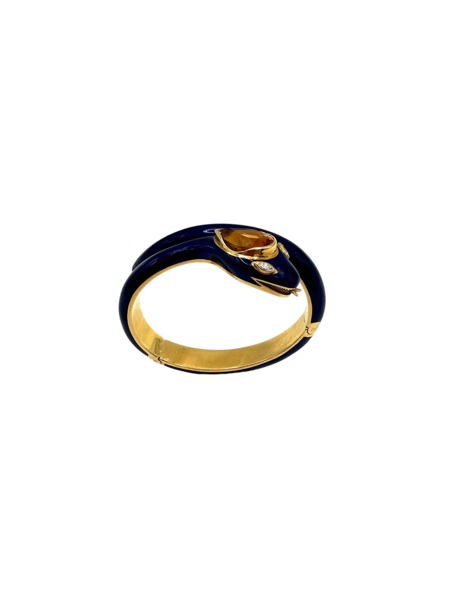 Bracciale serpente in oro e smalto con testa di citrino e occhi di diamante