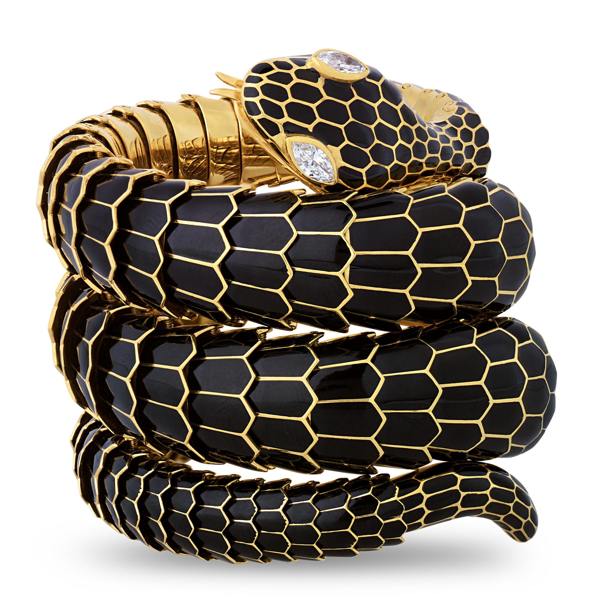 Taille Marquise Bracelet serpent en or et émail en vente