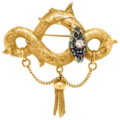 Gold and Enamel Snake Brooch with Tassel