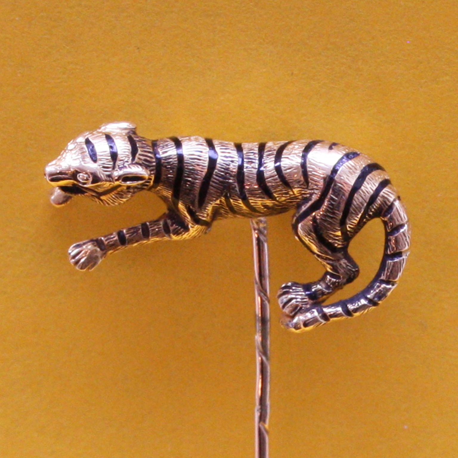 Gold and Enamel Tiger Stickpin In Good Condition In Amsterdam, NL