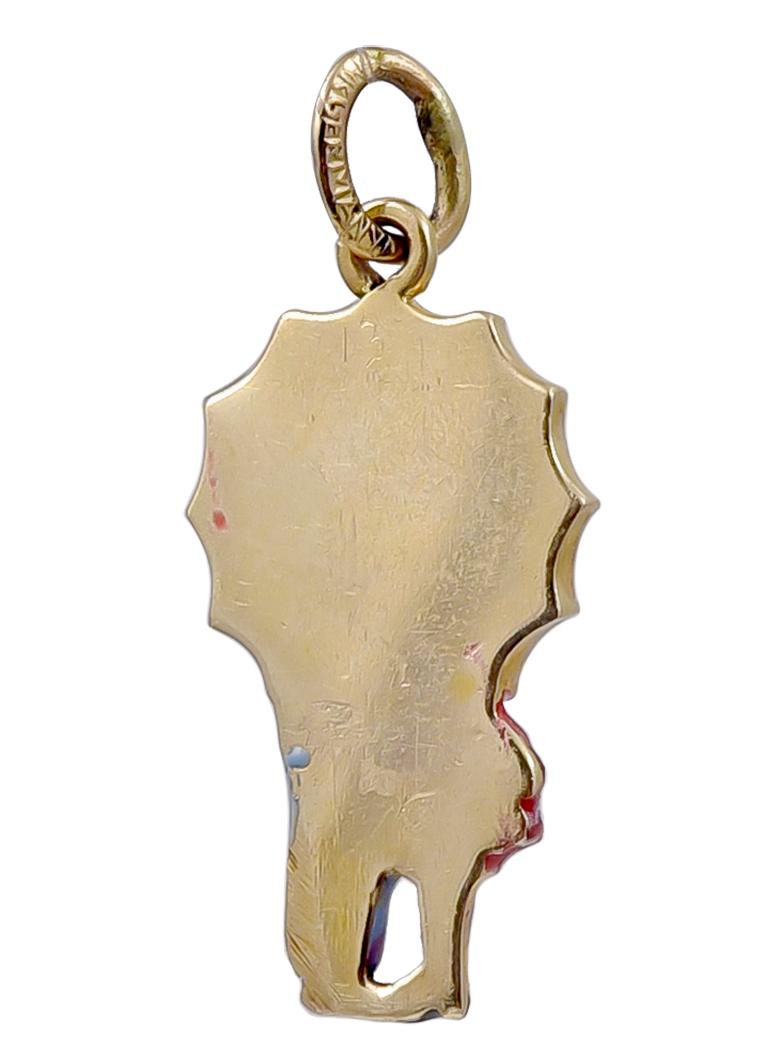 Charming charm:  a girl and boy kissing behind an open umbrella.  14K yellow gold and enamel.  The center of the umbrella is a red enamel heart.  1/3