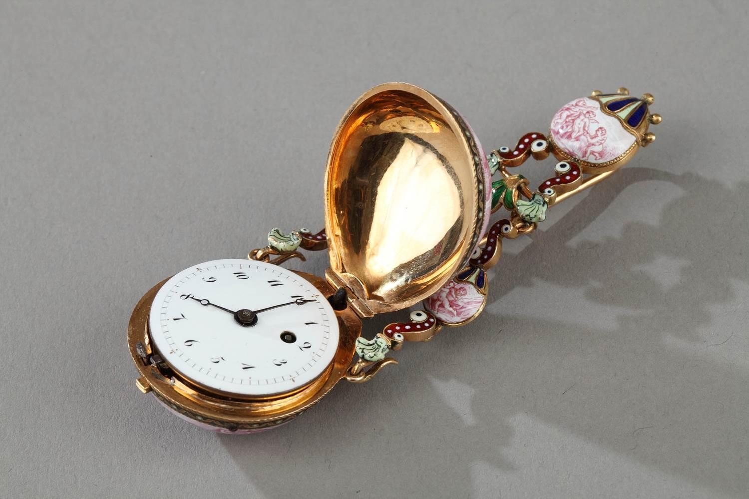 Women's or Men's Gold and Enamel Watch/Chatelaine, Viennese Craftsmanship, circa 1860-1870 For Sale