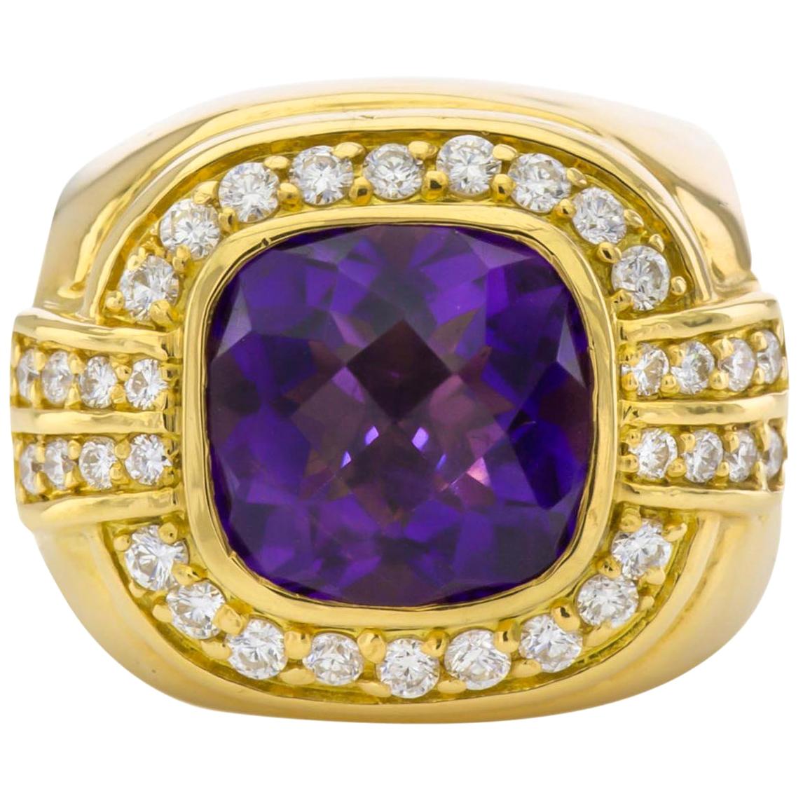 Gold and Faceted Amethyst Ring with Diamonds